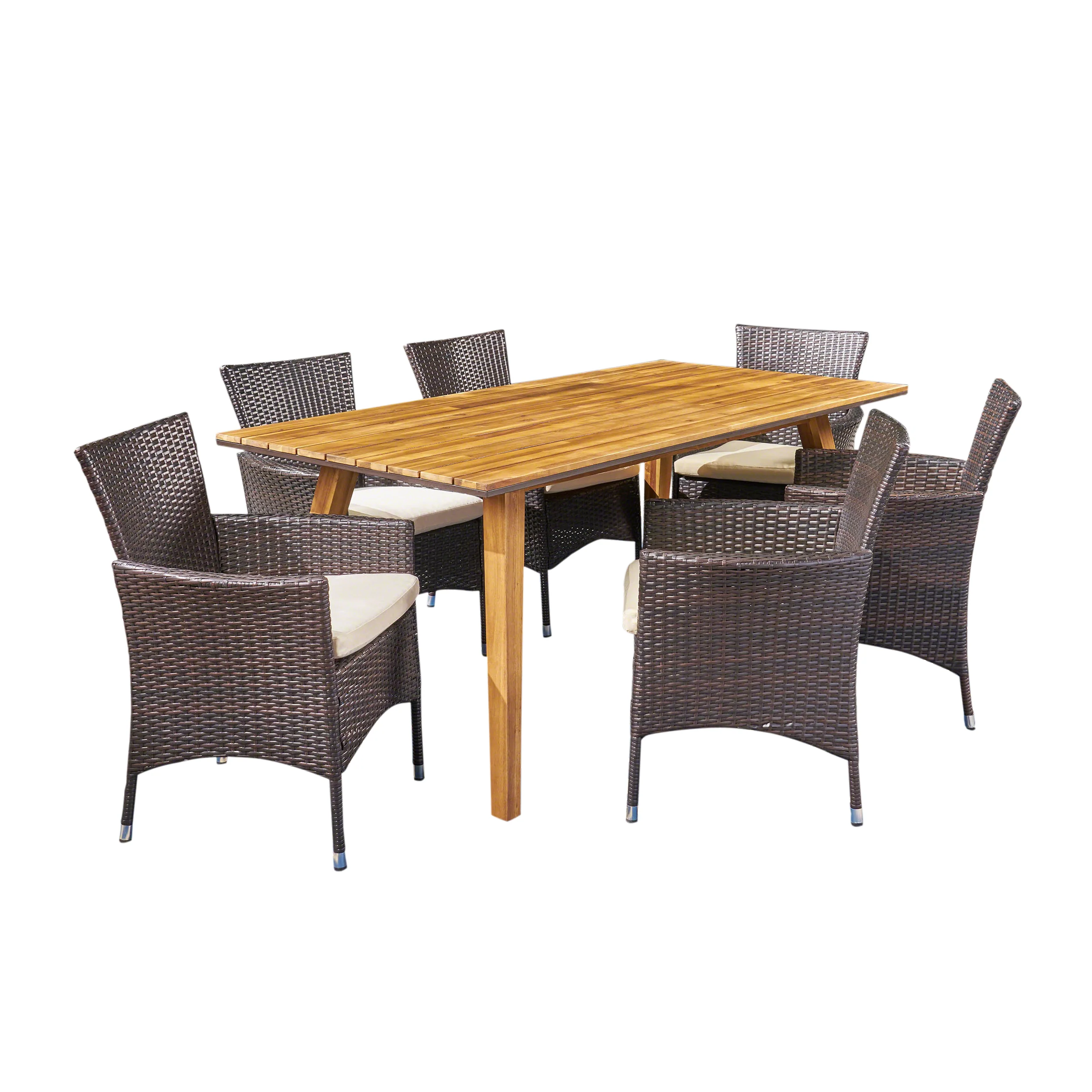 Ella Outdoor 7 Piece Acacia Wood Dining Set with Wicker Chairs, Teak and Multi Brown and Beige - furnishings