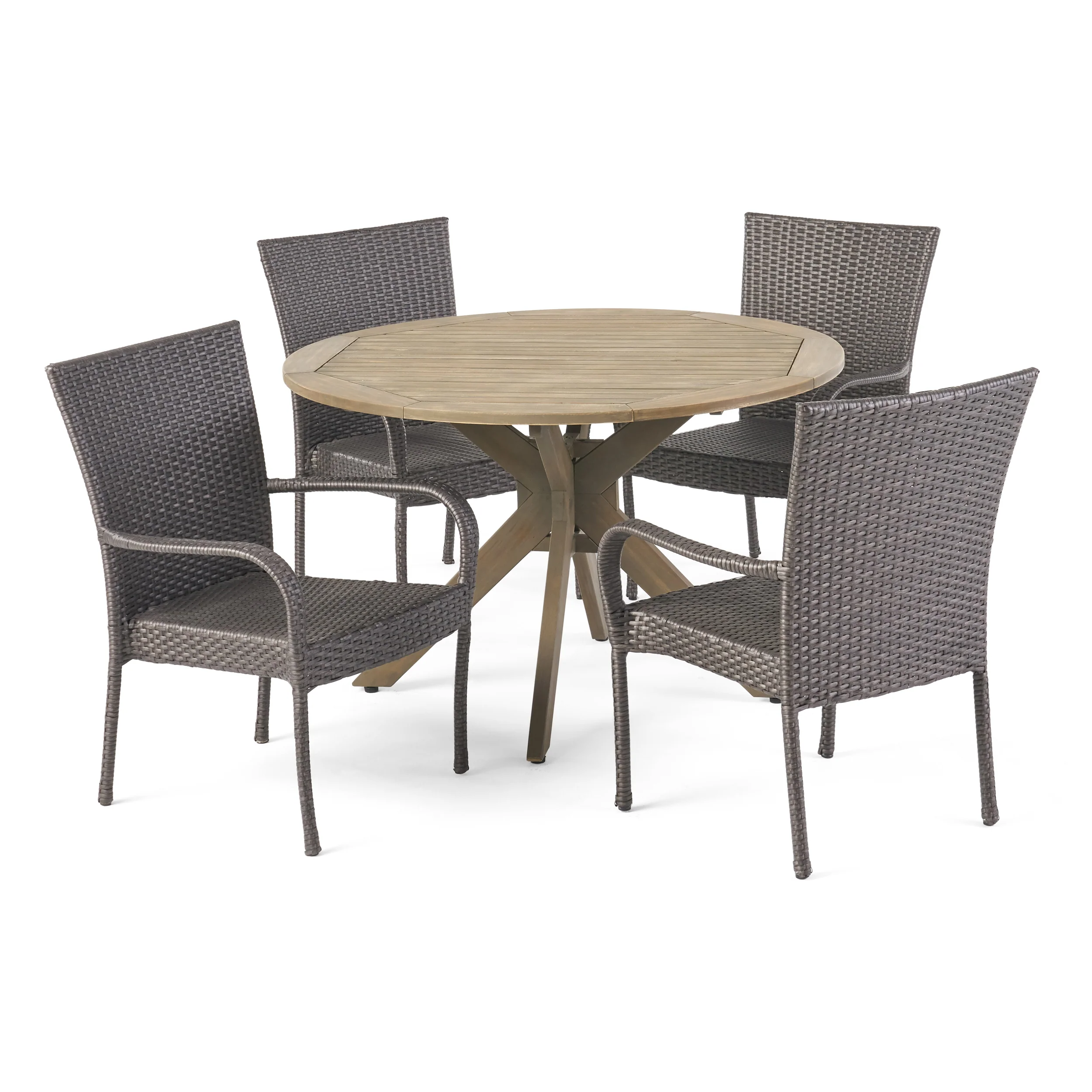 Murrary Outdoor 5 Piece Wood and Wicker Dining Set, Gray and Gray - furnishings