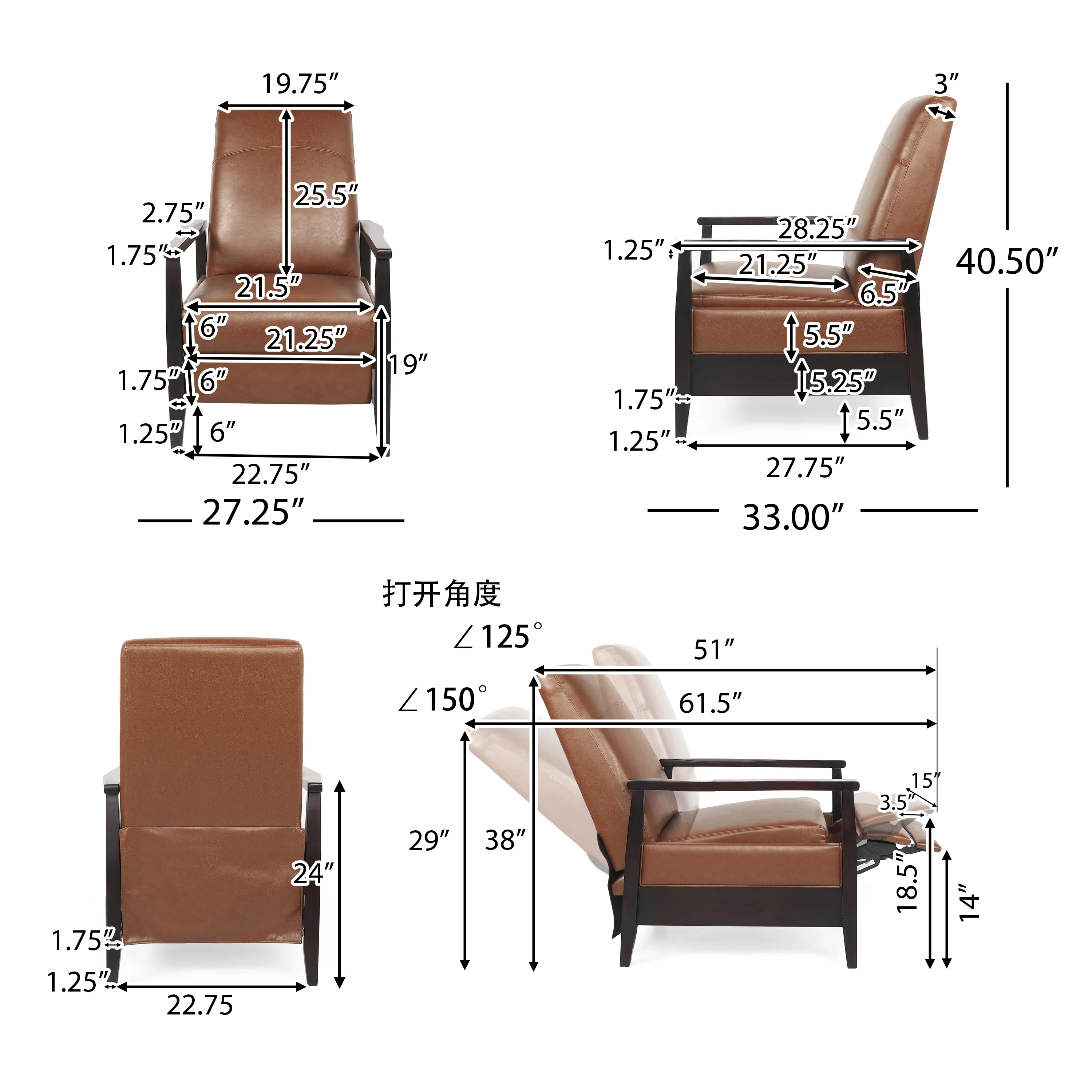 Mugo Mid Century Modern Faux Leather Upholstered Wood Pushback Recliner - furnishings