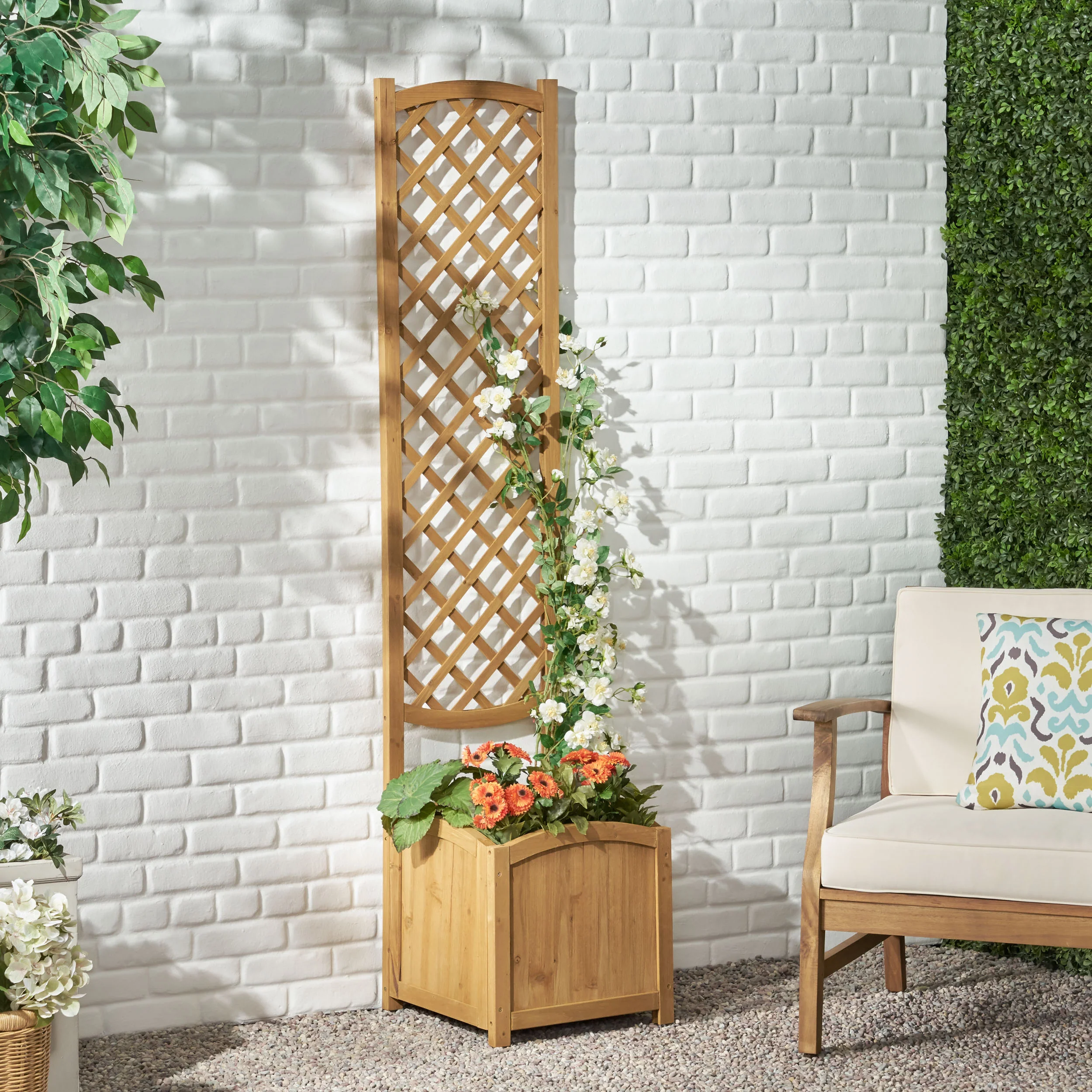Mallett Traditional Square Firwood Planter Box with Trellis - furnishings
