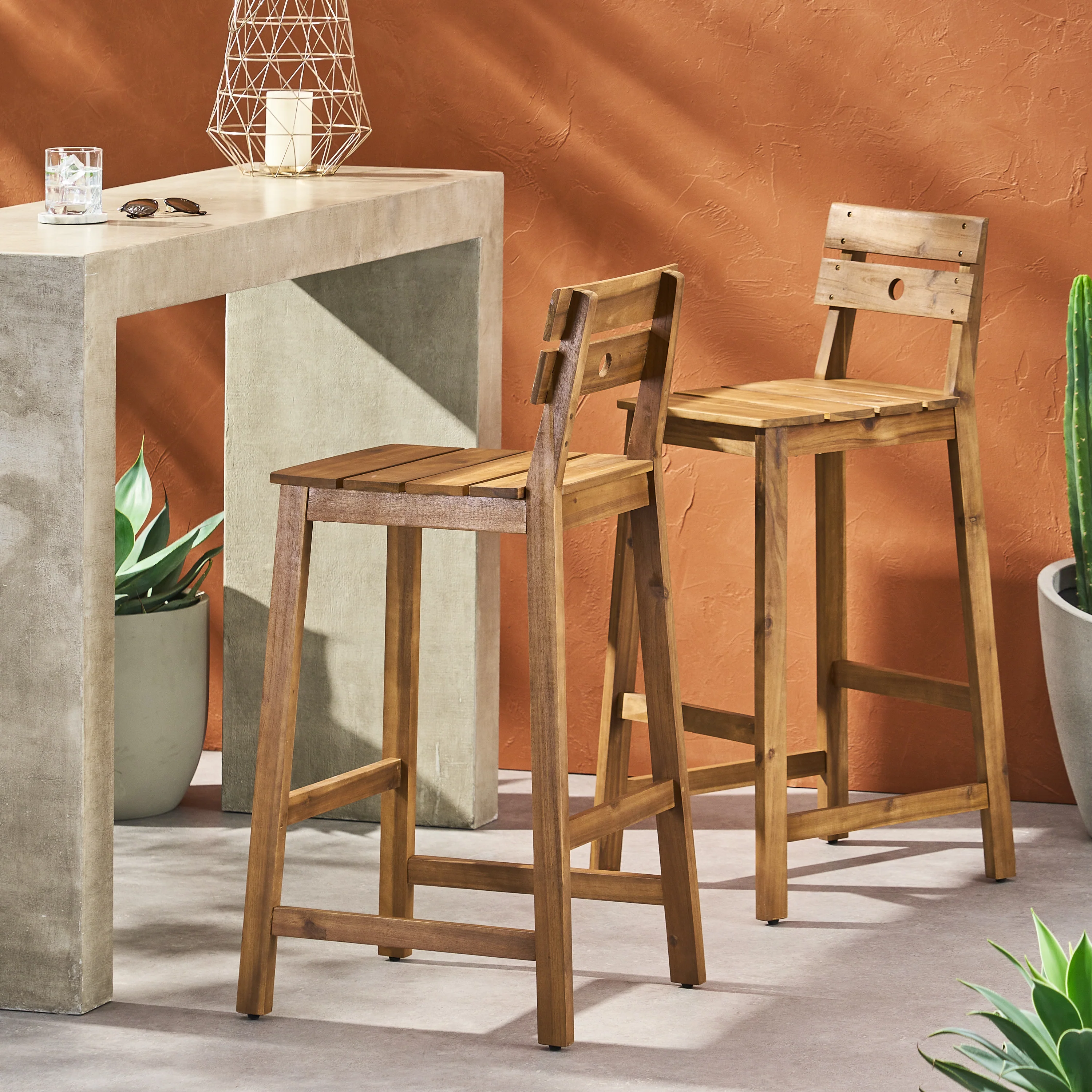 Munro Outdoor/Indoor Acacia Wood Backed Barstools, Set of 2, Teak - furnishings