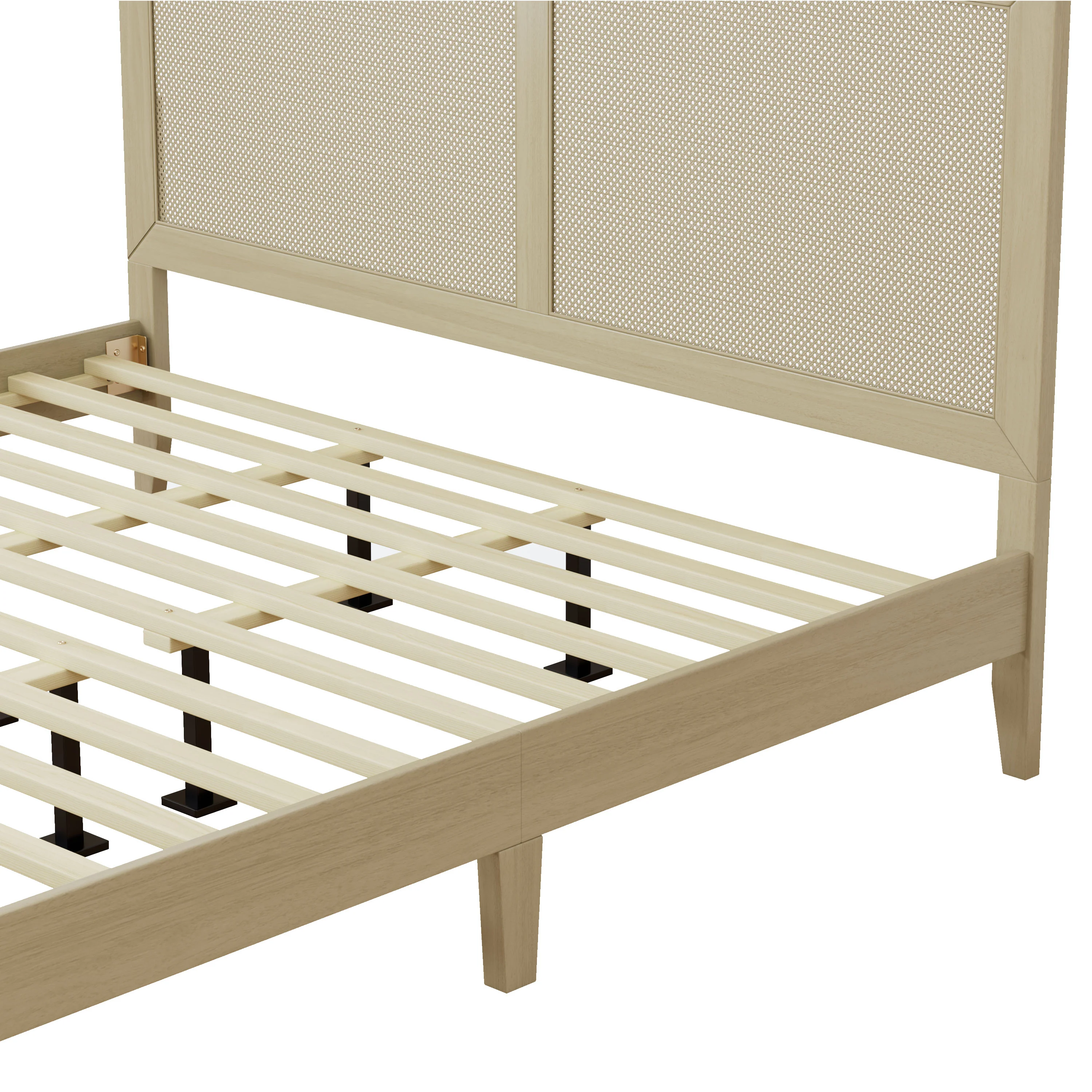 Linenwood Eudoca Rubber Wood Platform Bed with Rattan Woven Headboard, Natural - furnishings