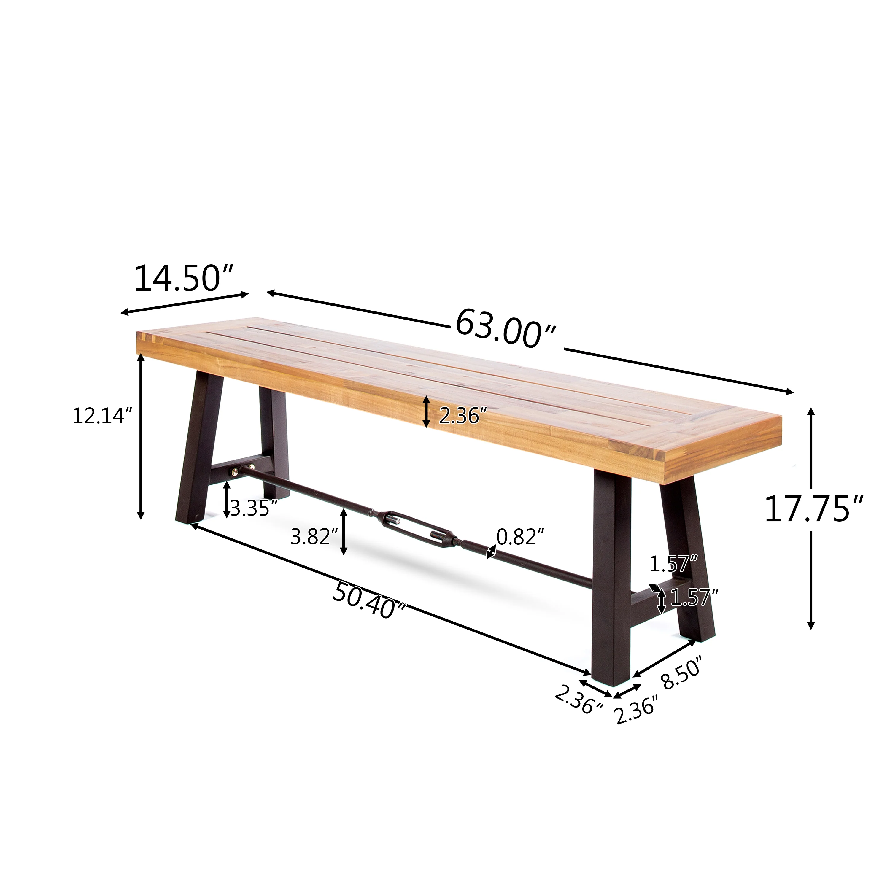 Cana Outdoor Teak Finished Acacia Wood Bench with Rustic Metal Accents - furnishings