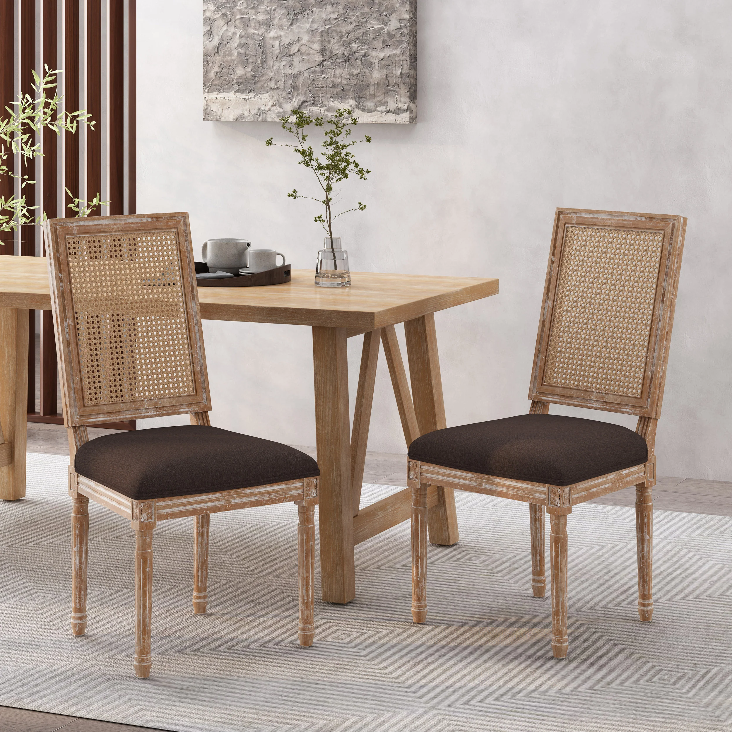 Brownell French Country Wood and Cane Upholstered Dining Chair, Set of 2 - furnishings