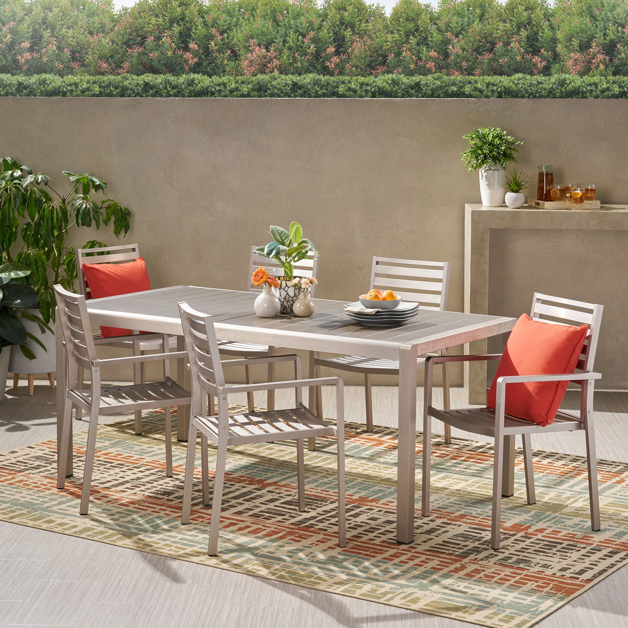 Cherie Outdoor Modern 6 Seater Aluminum Dining Set with Faux Wood Table Top - furnishings