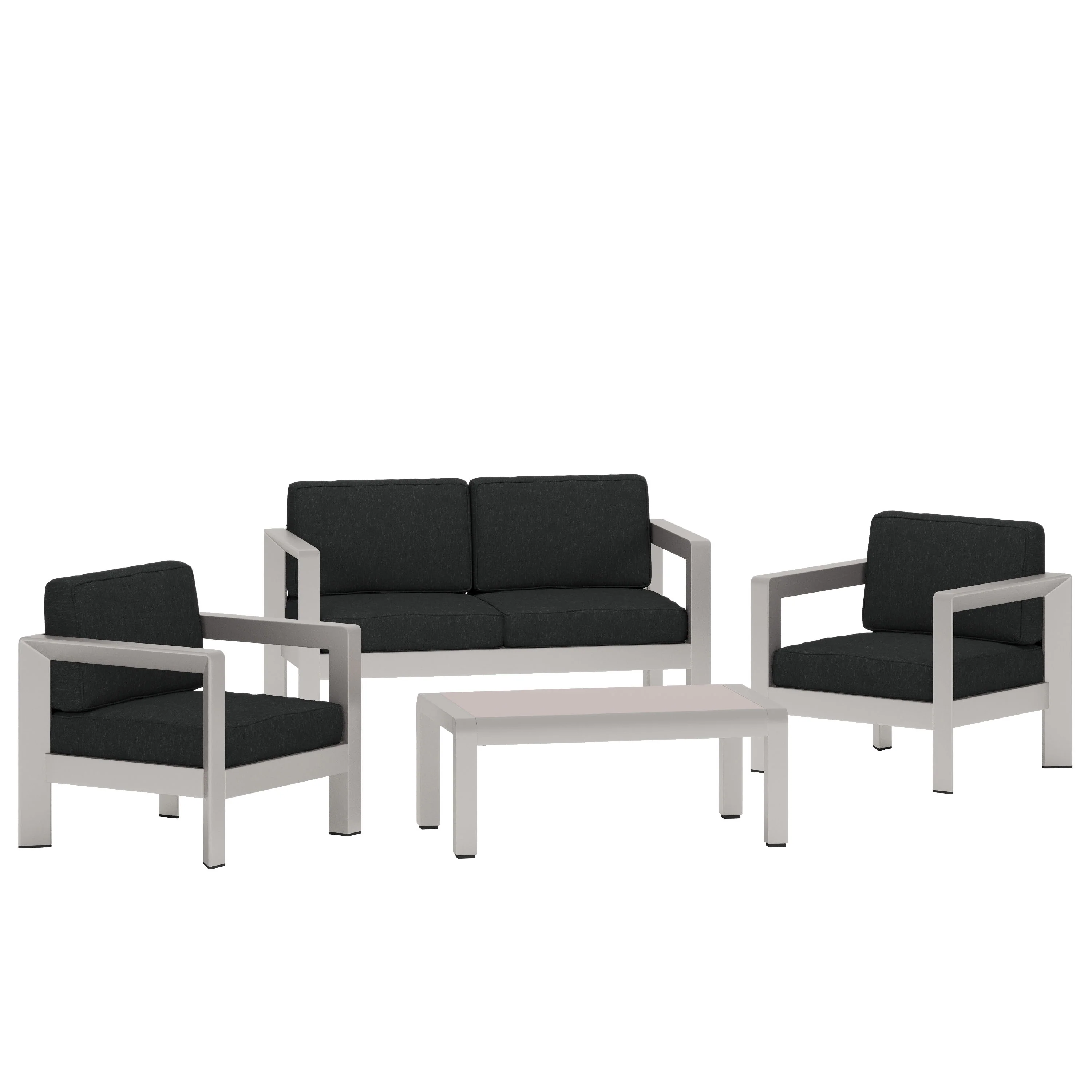Kenia Outdoor 4-Seater Aluminum Chat Set with Tempered Glass-Topped Coffee Table, Silver and Gray - furnishings
