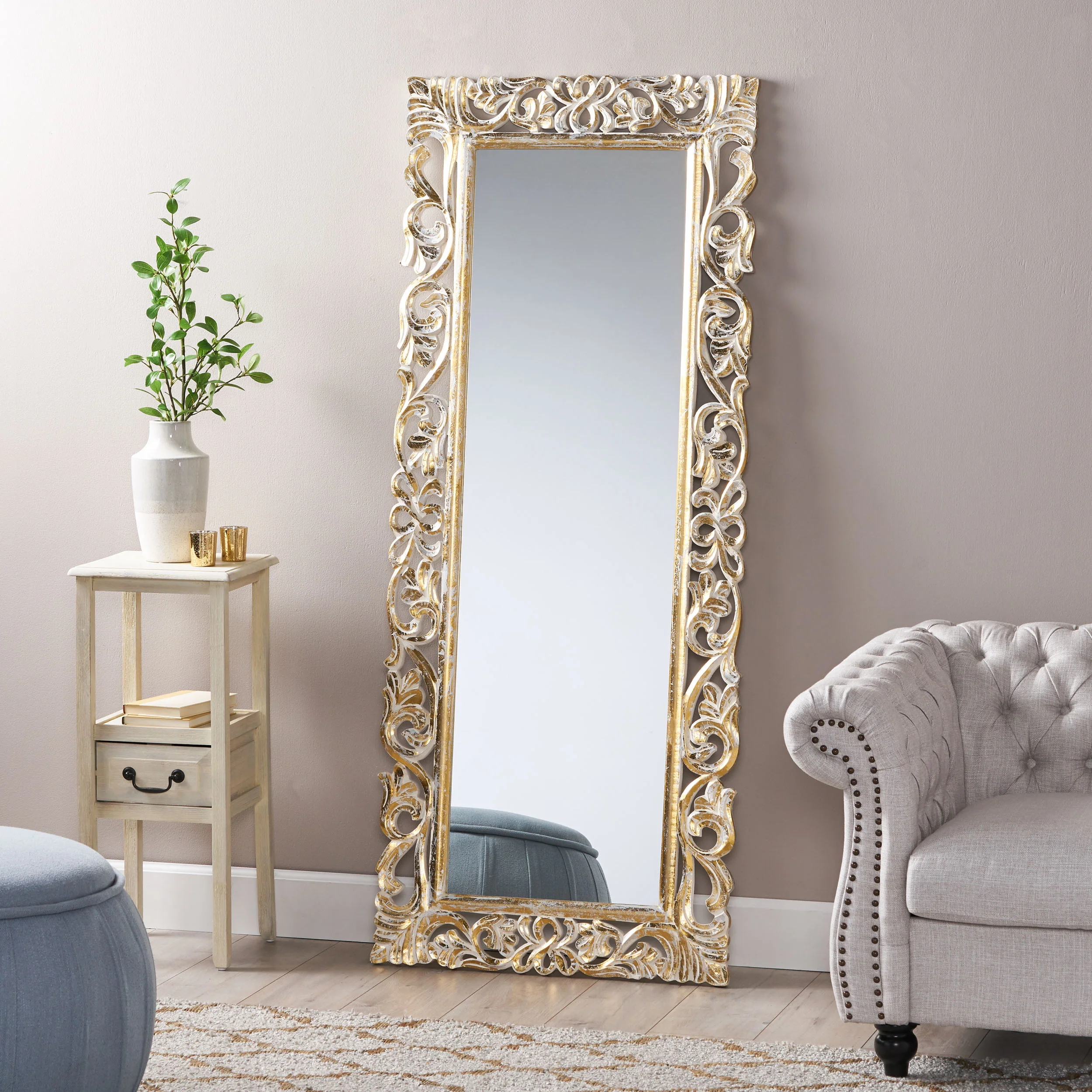 Sarah Traditional Standing Mirror with Floral Carved Frame - furnishings