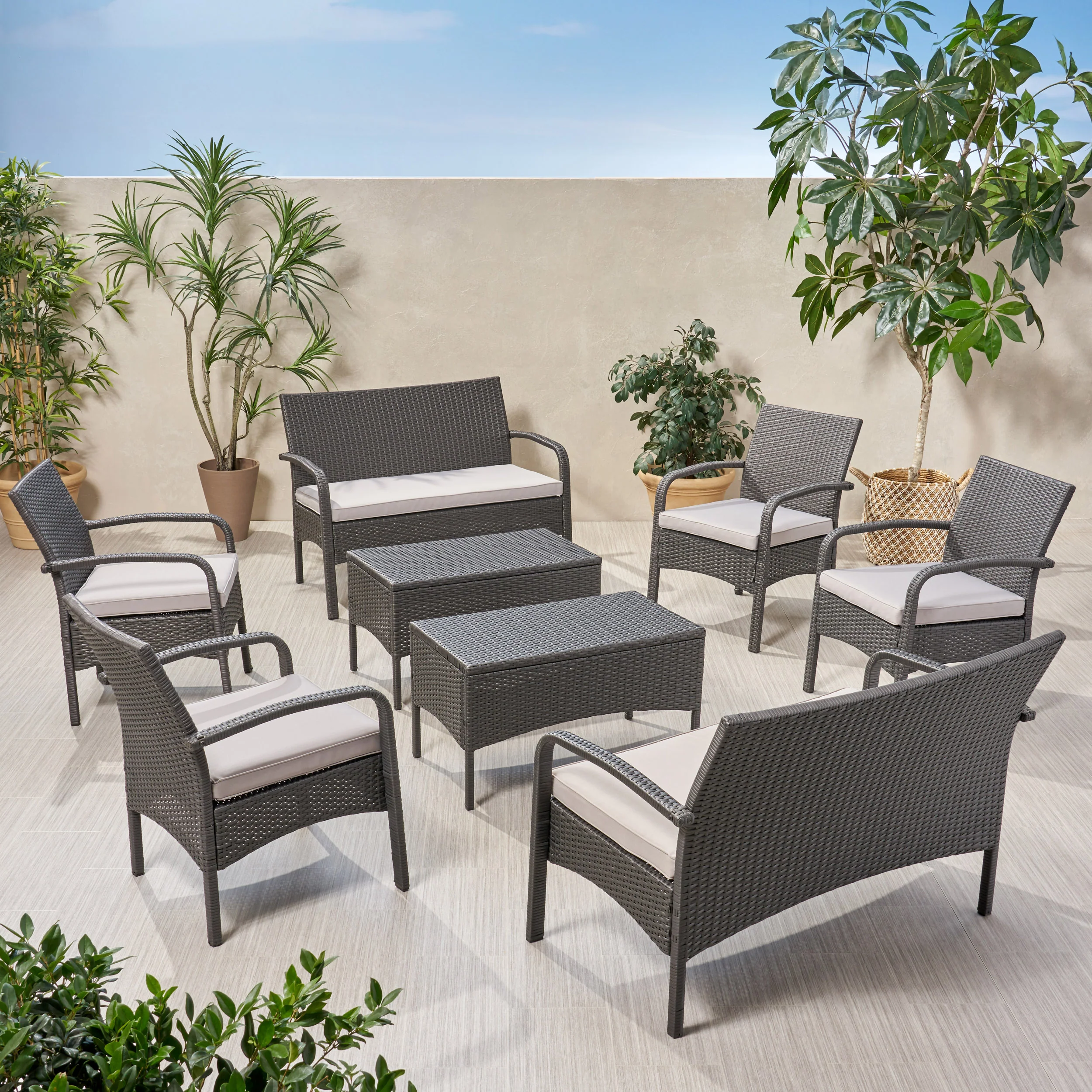 Carmela Outdoor 8 Seater Wicker Chat Set with Cushions - furnishings