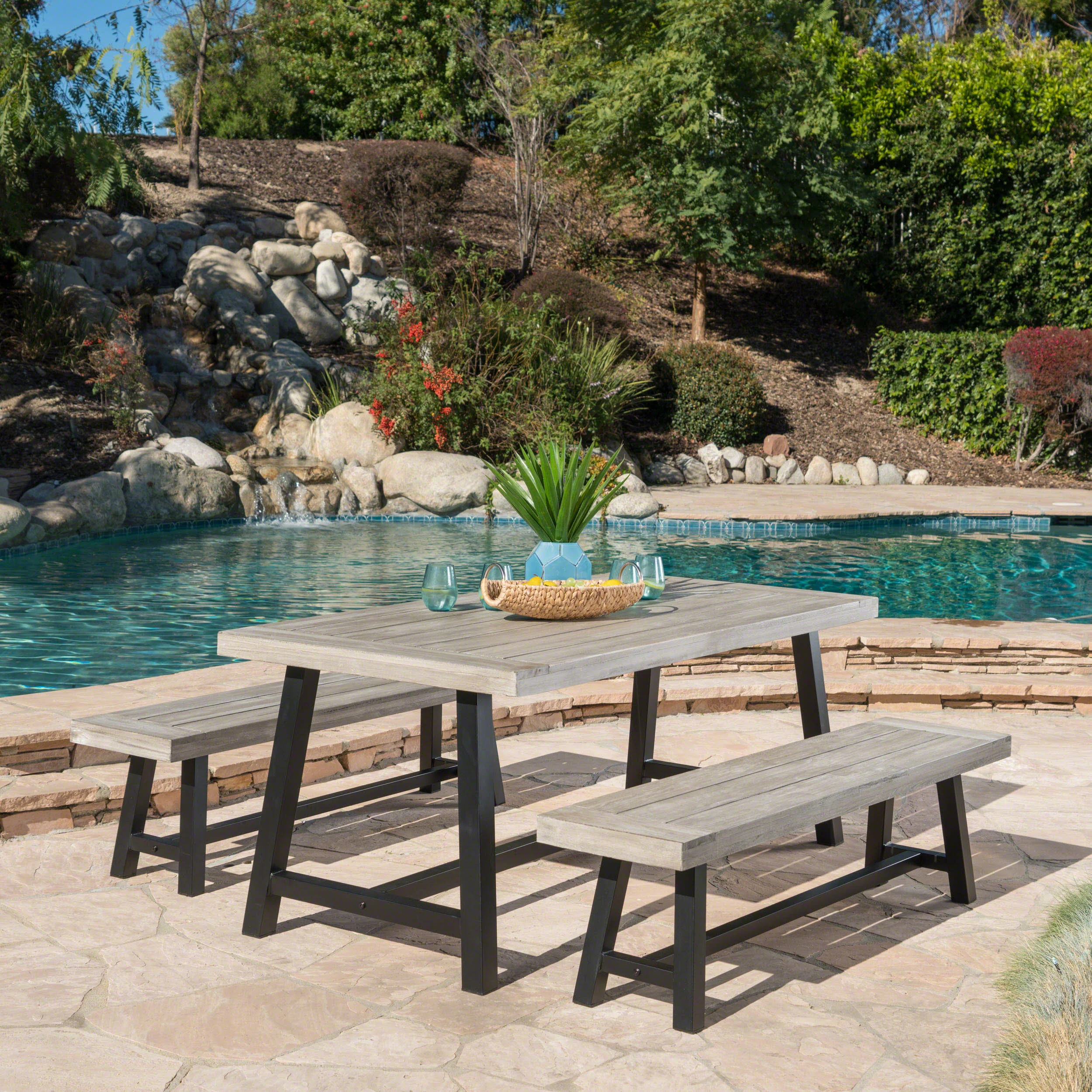 Bowman Outdoor Modern Industrial 3 Piece Acacia Wood Picnic Dining Set with Benches - furnishings
