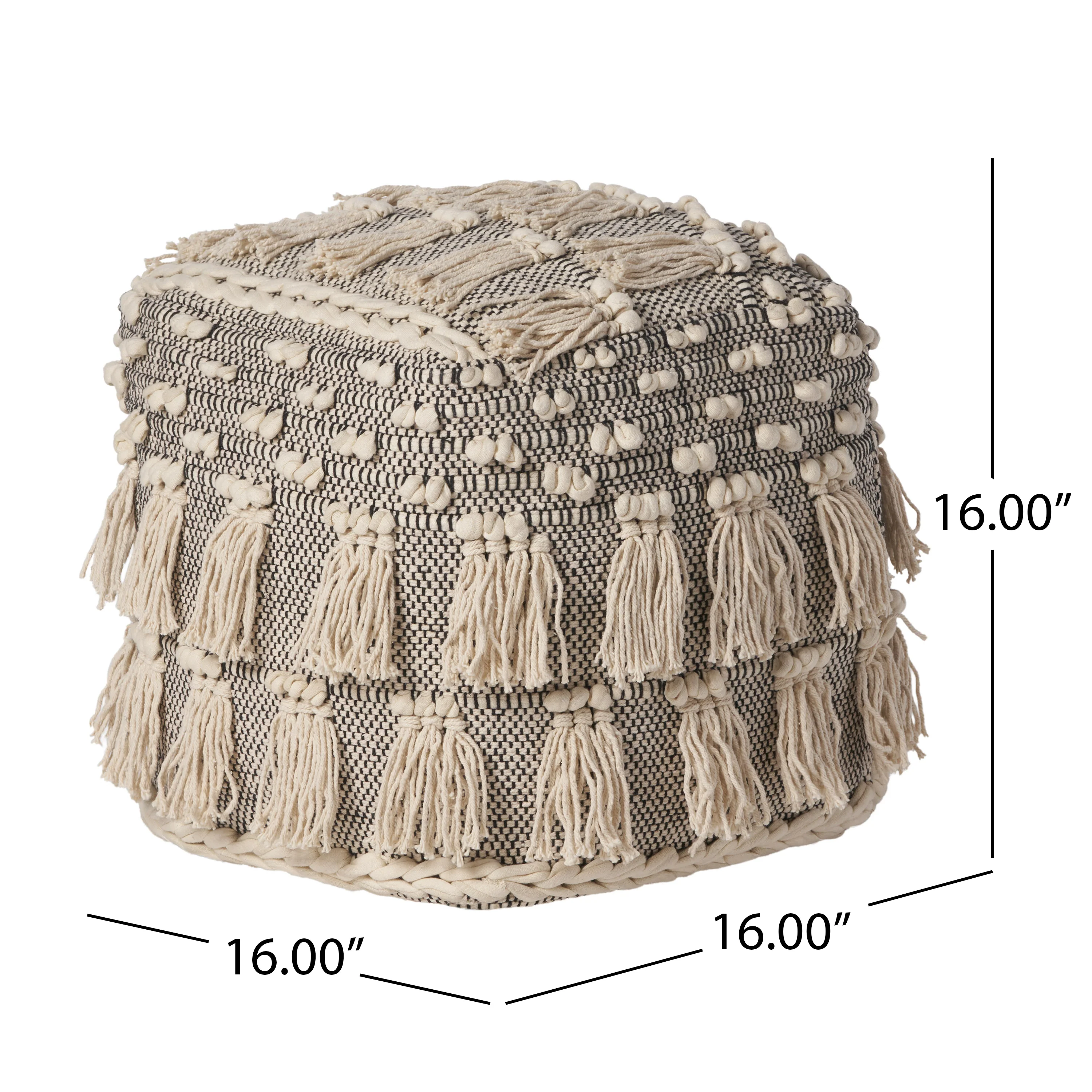 Arcola Handcrafted Boho Fabric Cube Pouf with Tassels - furnishings