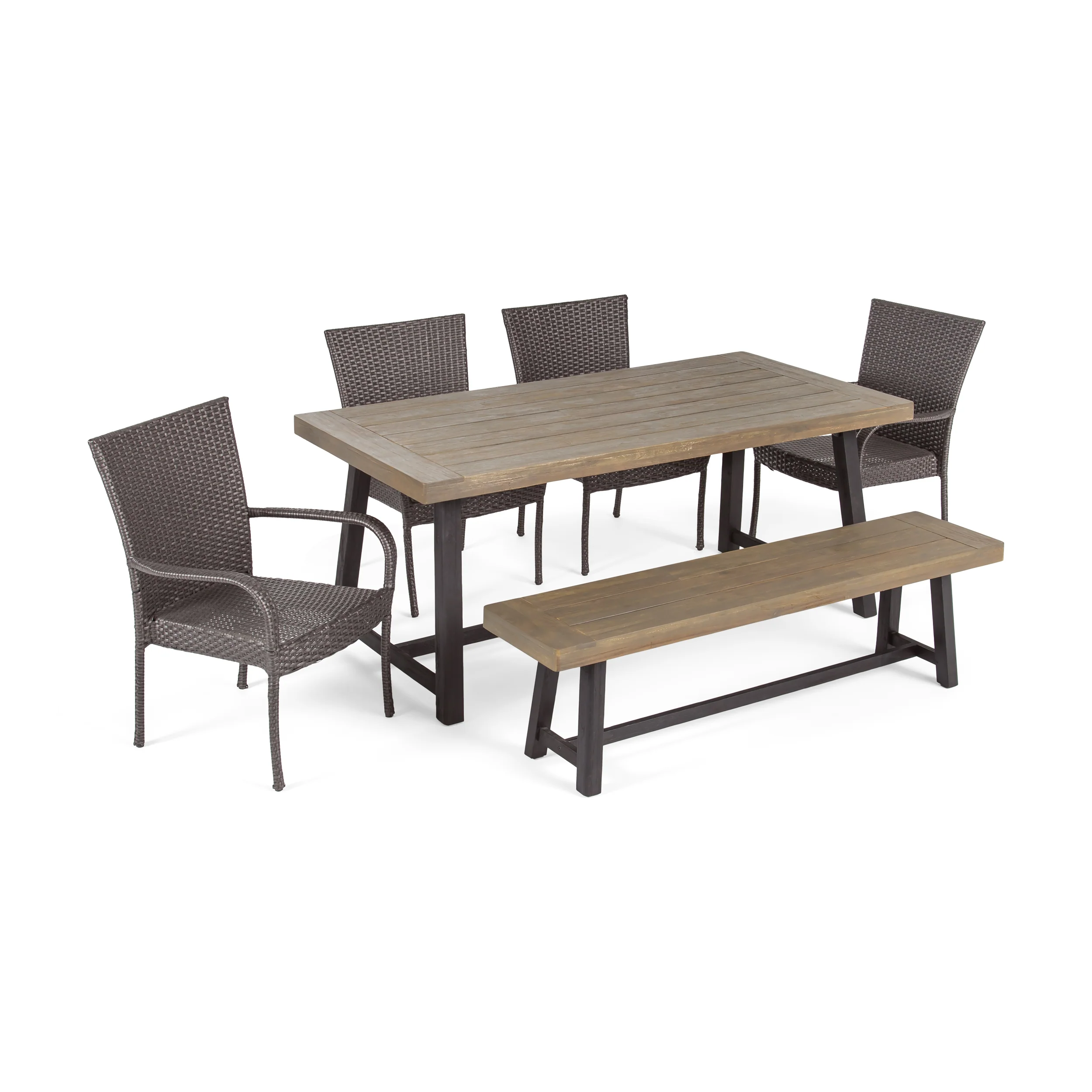 Jack Outdoor 6 Piece Dining Set with Stacking Wicker Chairs and Bench - furnishings