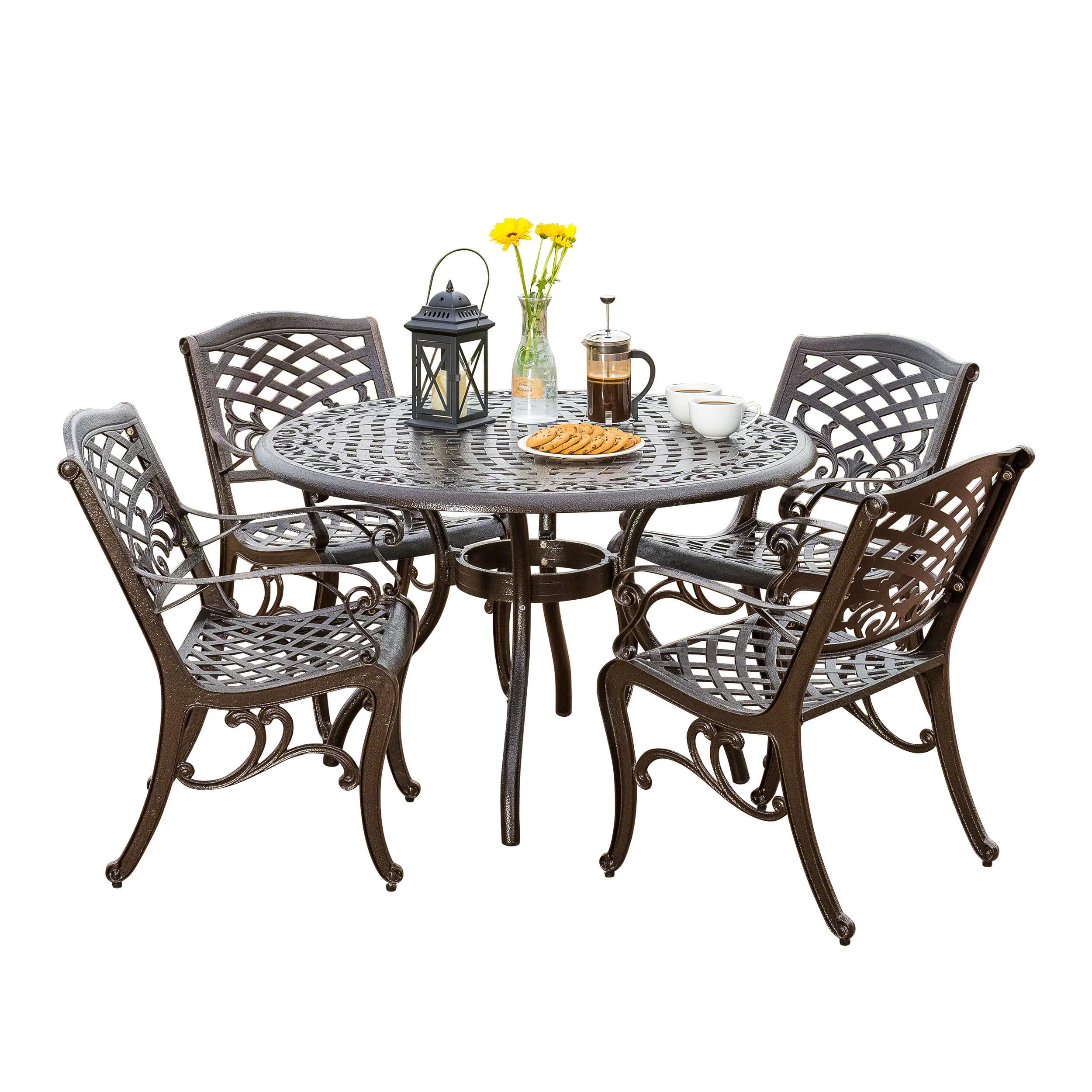 Covington Outdoor 5-Piece Bronze Cast Aluminum Dining Set with Umbrella Hole - furnishings