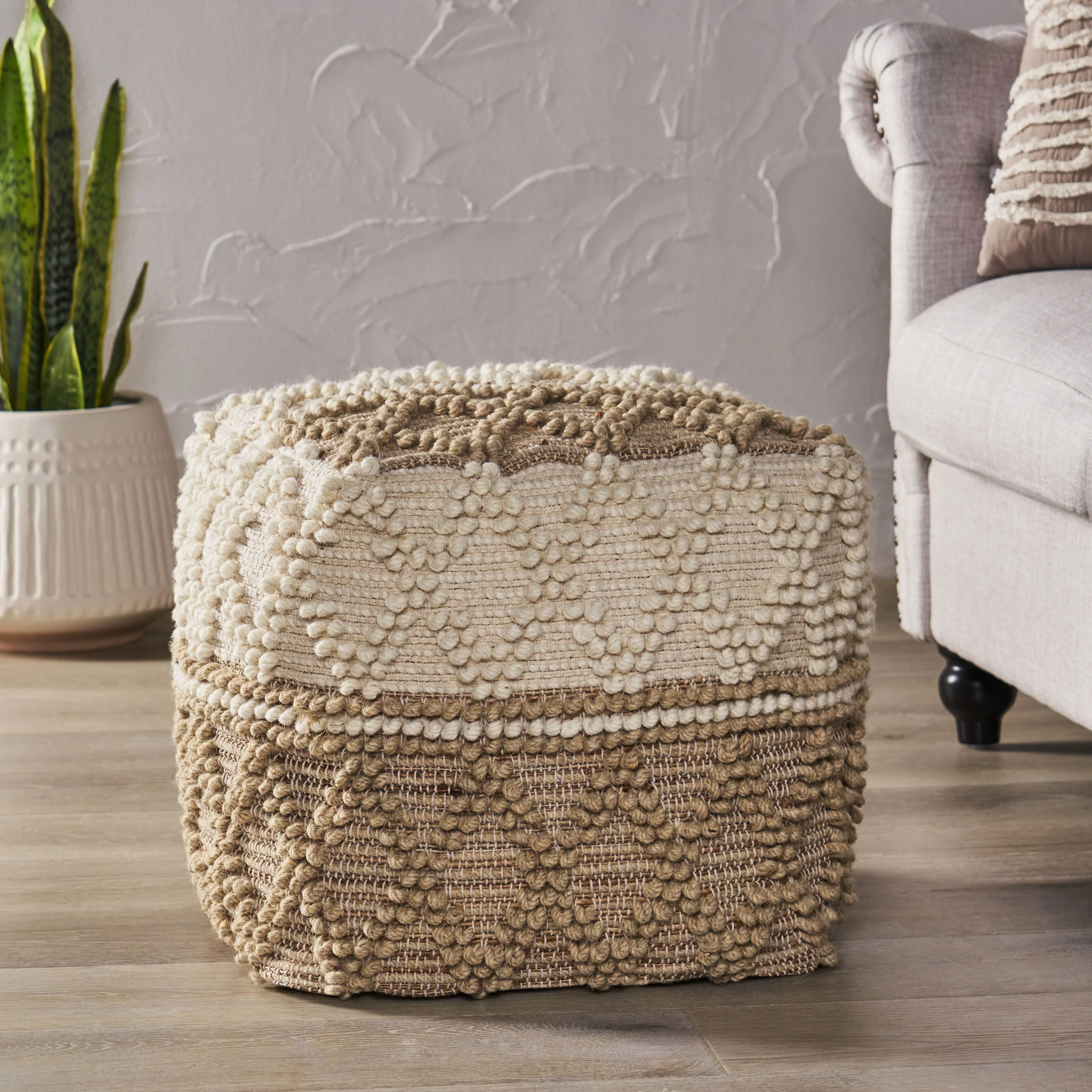 Galion Boho Handcrafted Fabric Cube Pouf, Ivory and Beige - furnishings