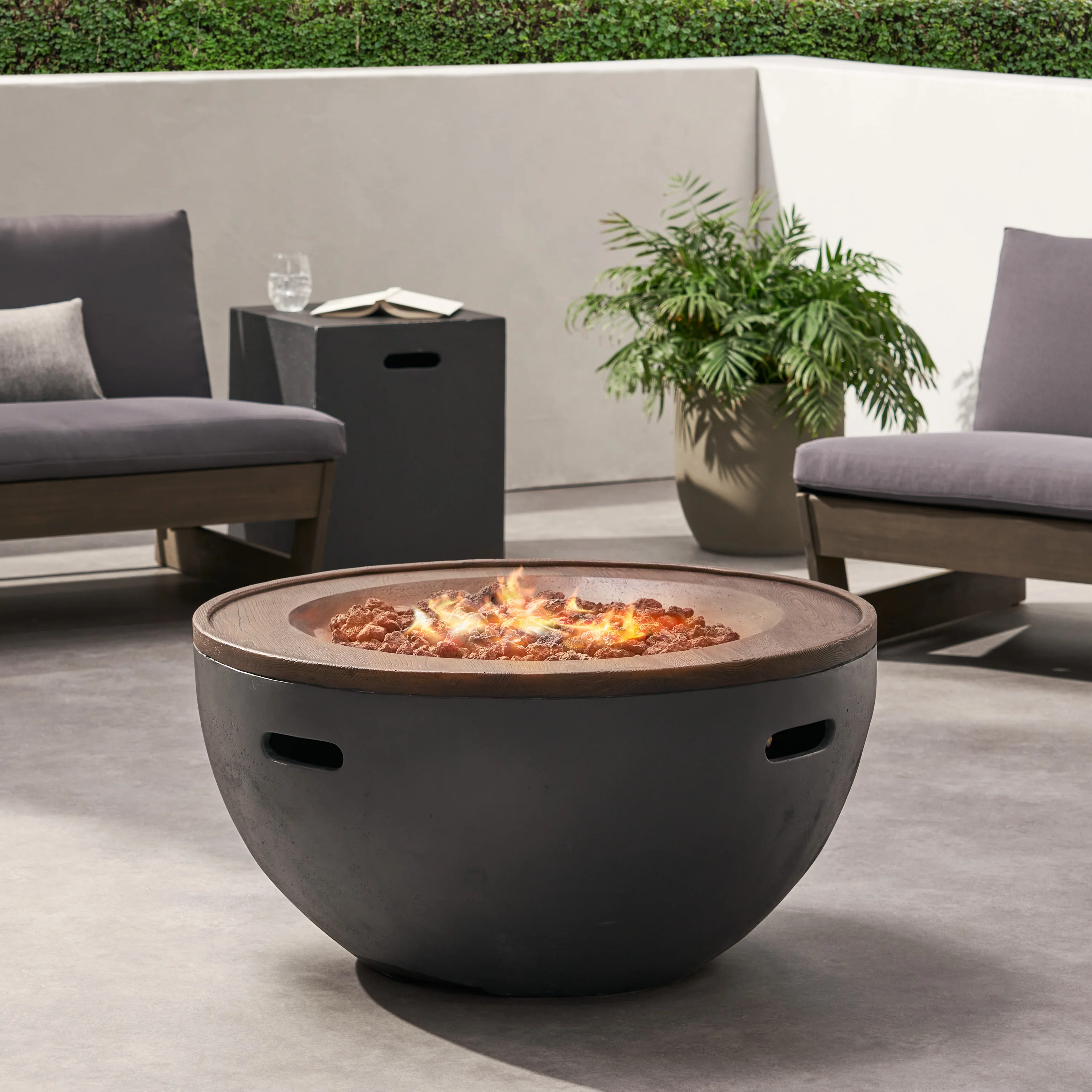 Gaylor Outdoor 40,000 BTU Lightweight Concrete Bowl Fire Pit with Tank Holder, Dark Gray and Natural - furnishings