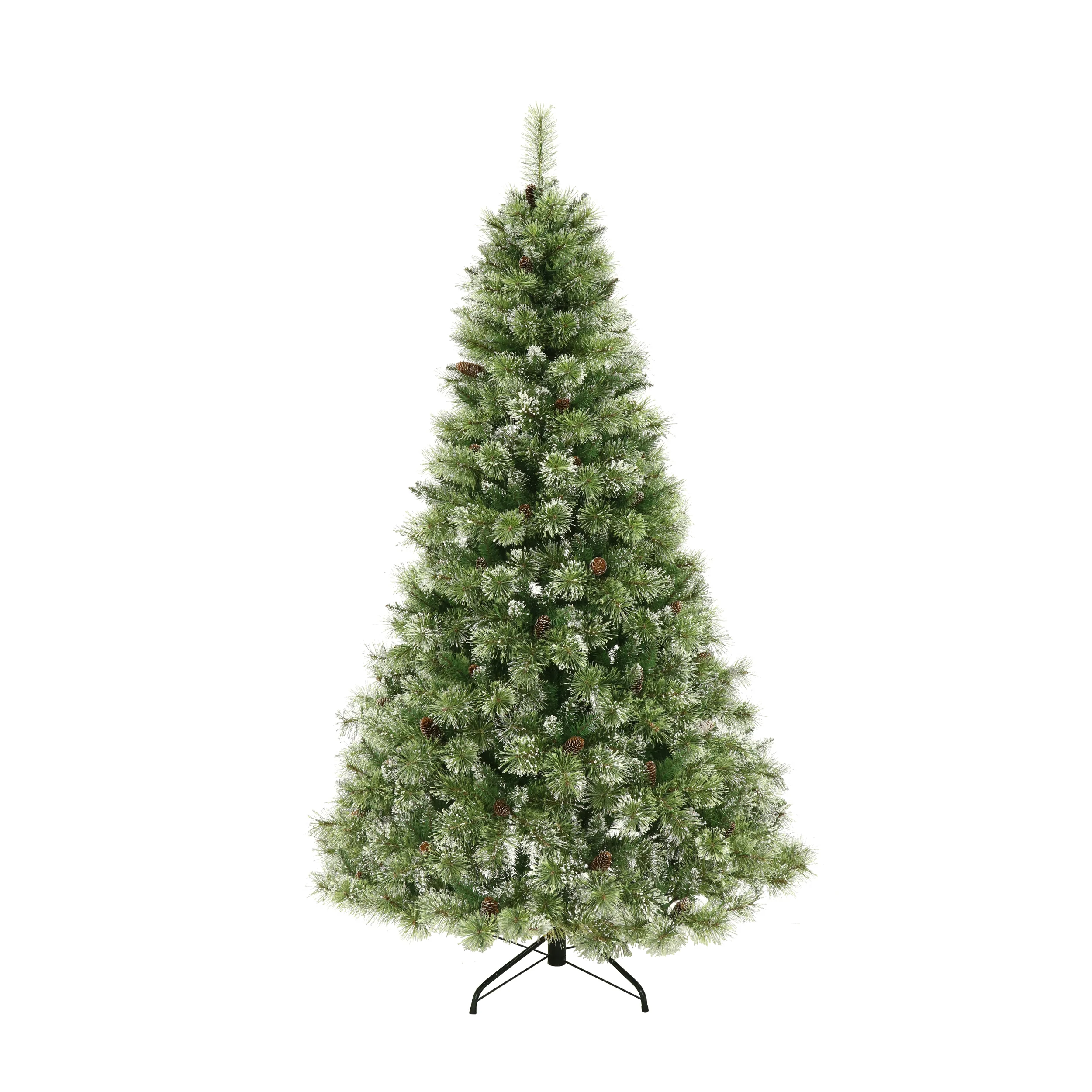 7-foot Cashmere Pine and Mixed Needles Pre-Lit Clear LED Hinged Artificial Christmas Tree with Snow and Glitter Branches and Frosted Pinecones - furnishings