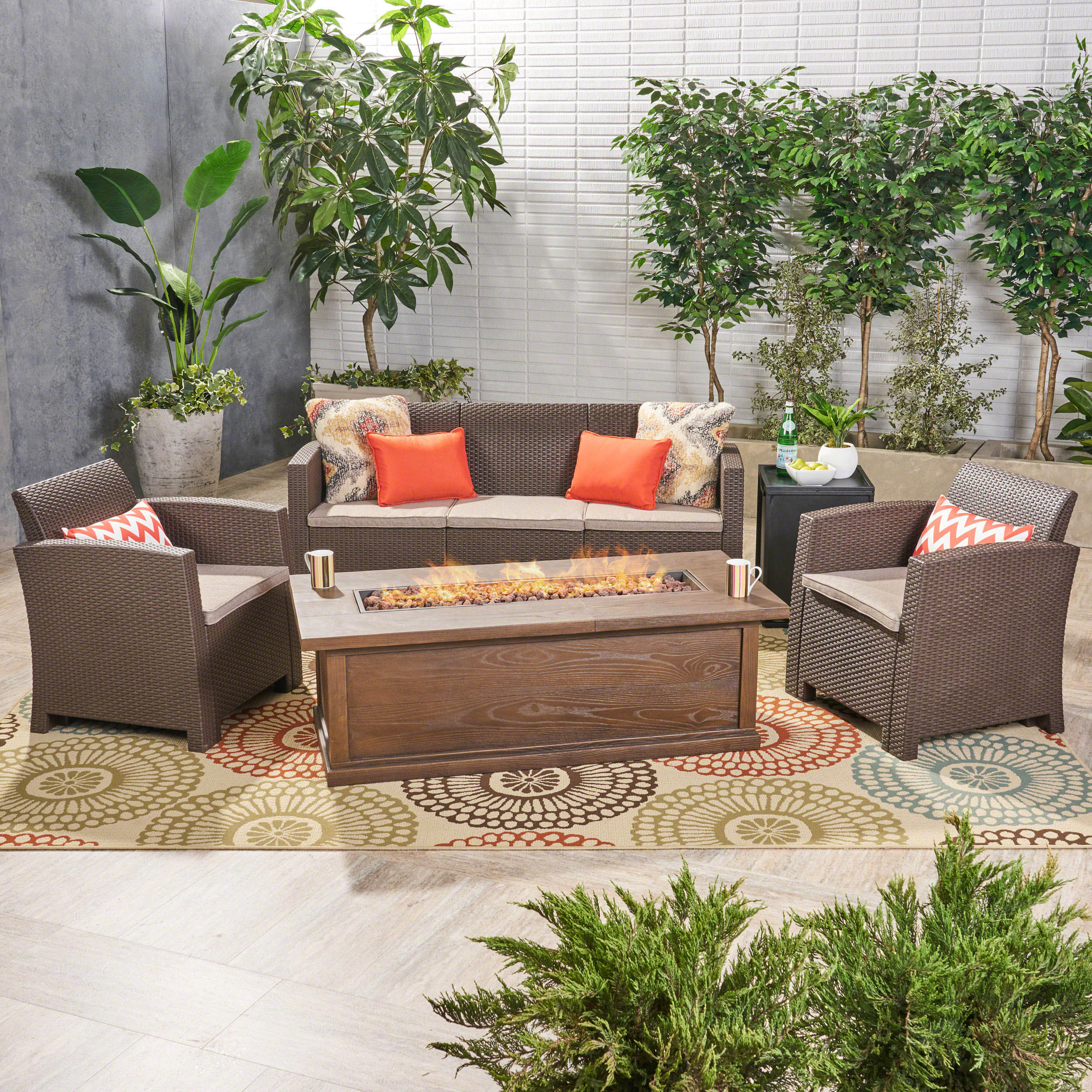 Ian Outdoor 5-Seater Wicker Print Chat Set with Fire Pit and Tank Holder - furnishings