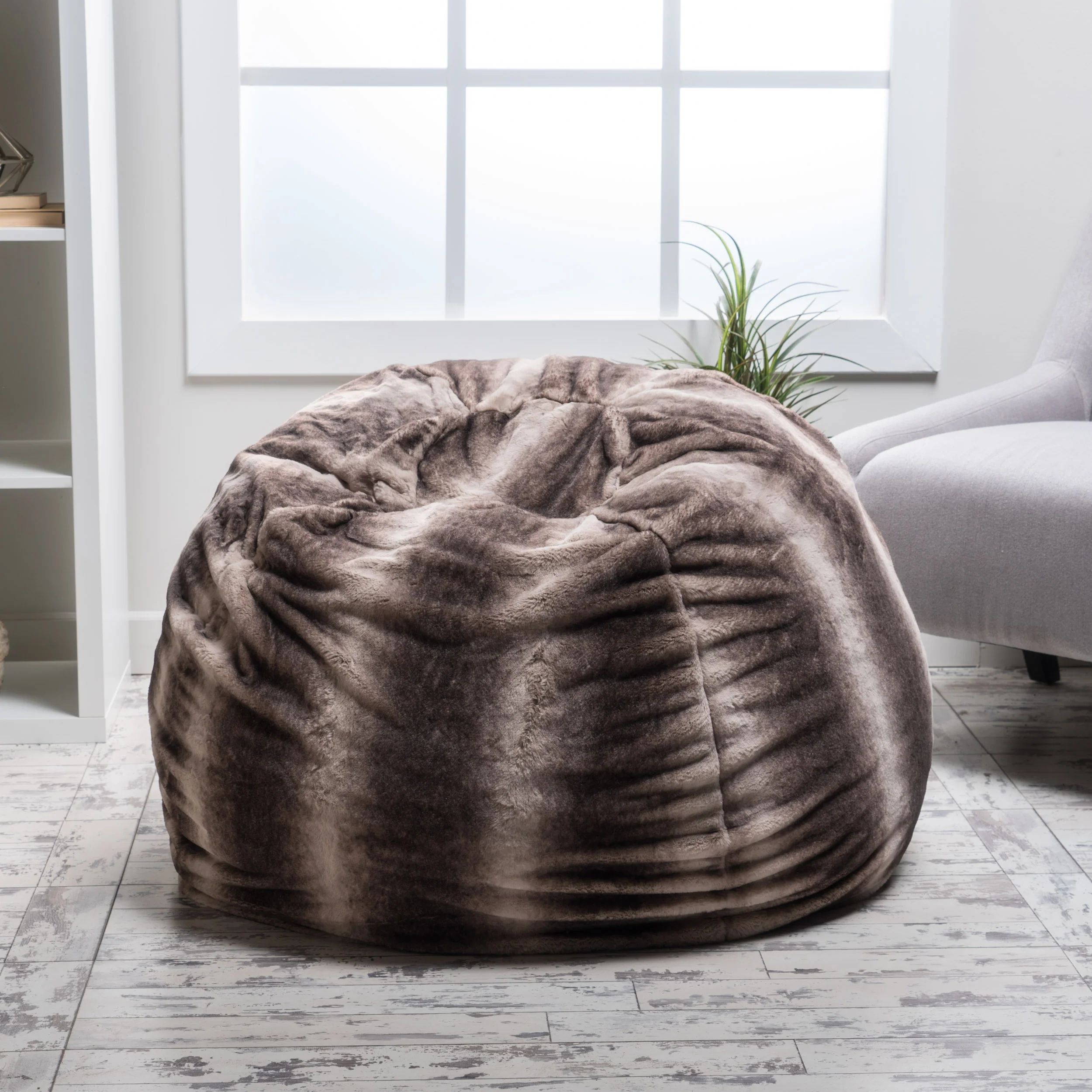 Meridian Plush Oak Brown Stripes Fur Fabric Bean Bag - furnishings