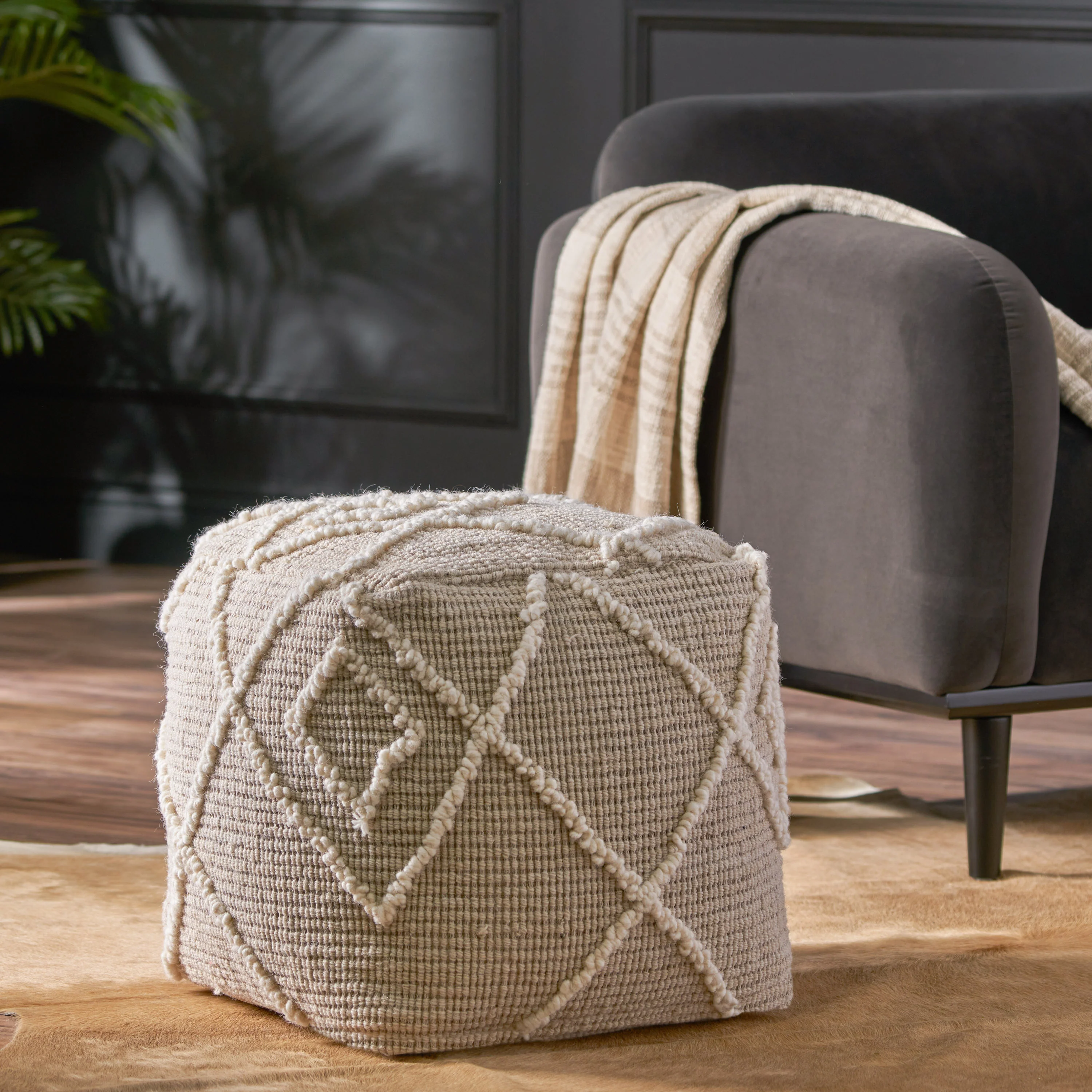 Cristina Boho Wool and Cotton Ottoman Pouf - furnishings