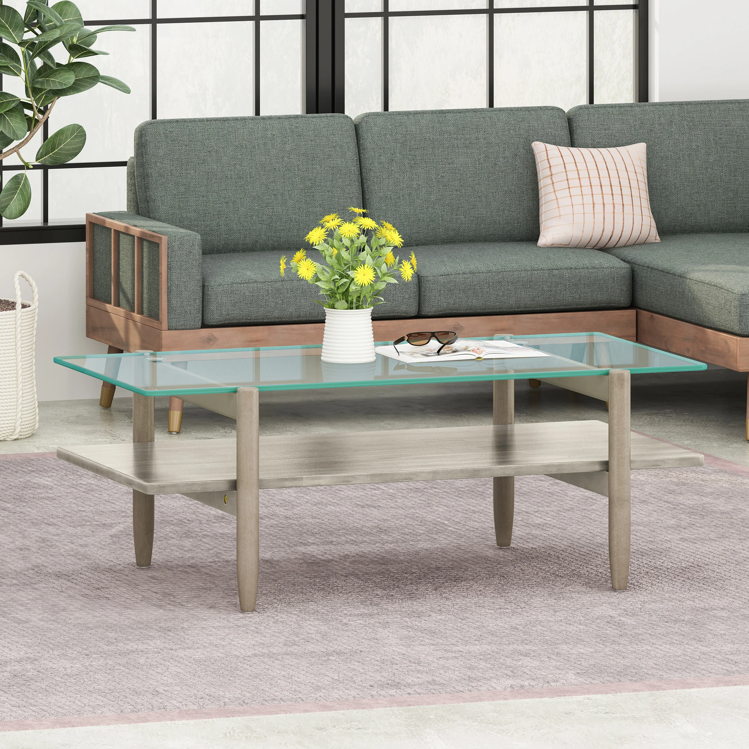 Janitza Acacia Wood Coffee Table with Tempered Glass Top - furnishings