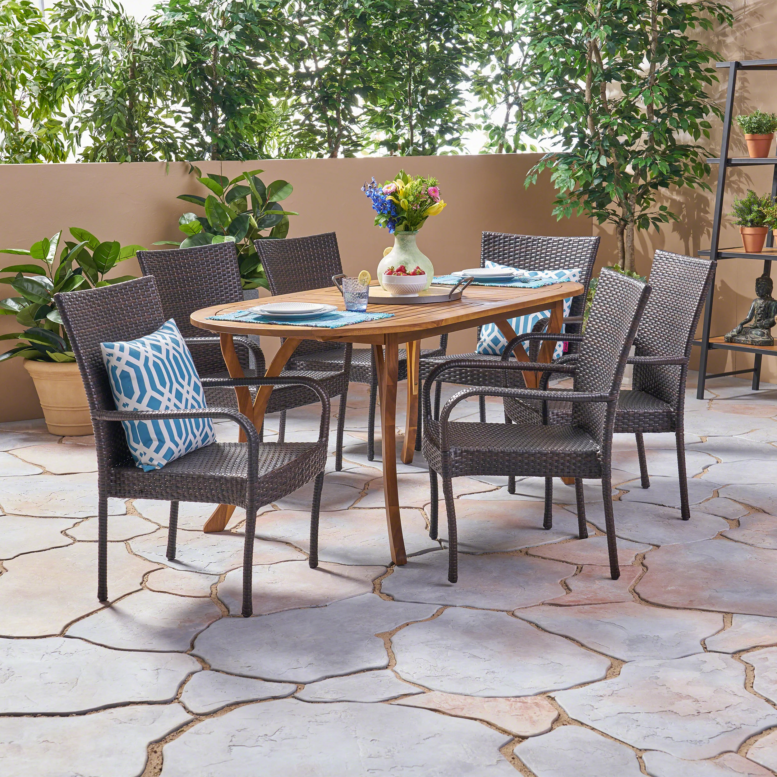 Fannie Outdoor 7 Piece Acacia Wood and Wicker Dining Set, Teak with Multi Brown Chairs - furnishings