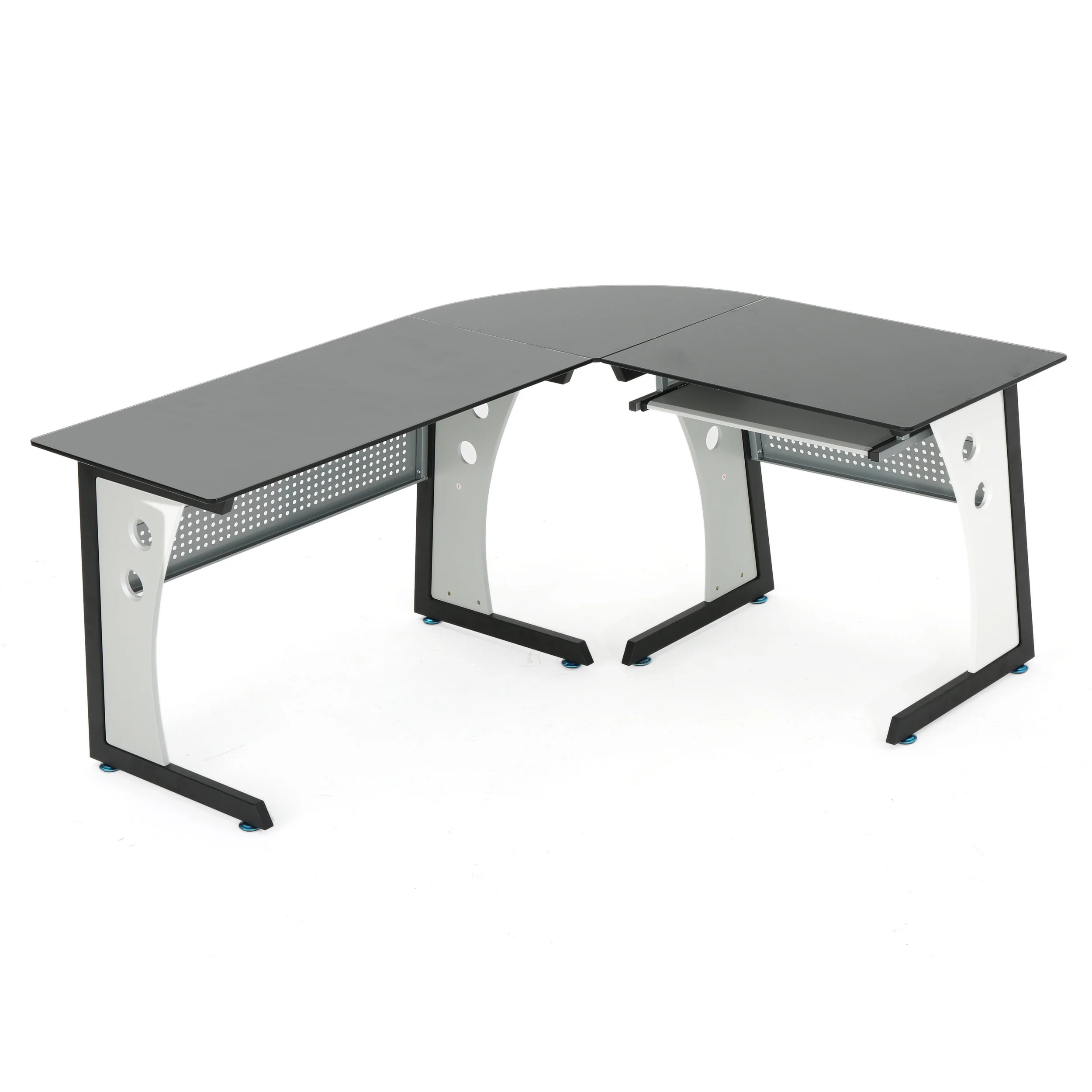 Orion Modern L-Shaped Black and Gray Iron Office Desk with Tempered Glass Top - furnishings