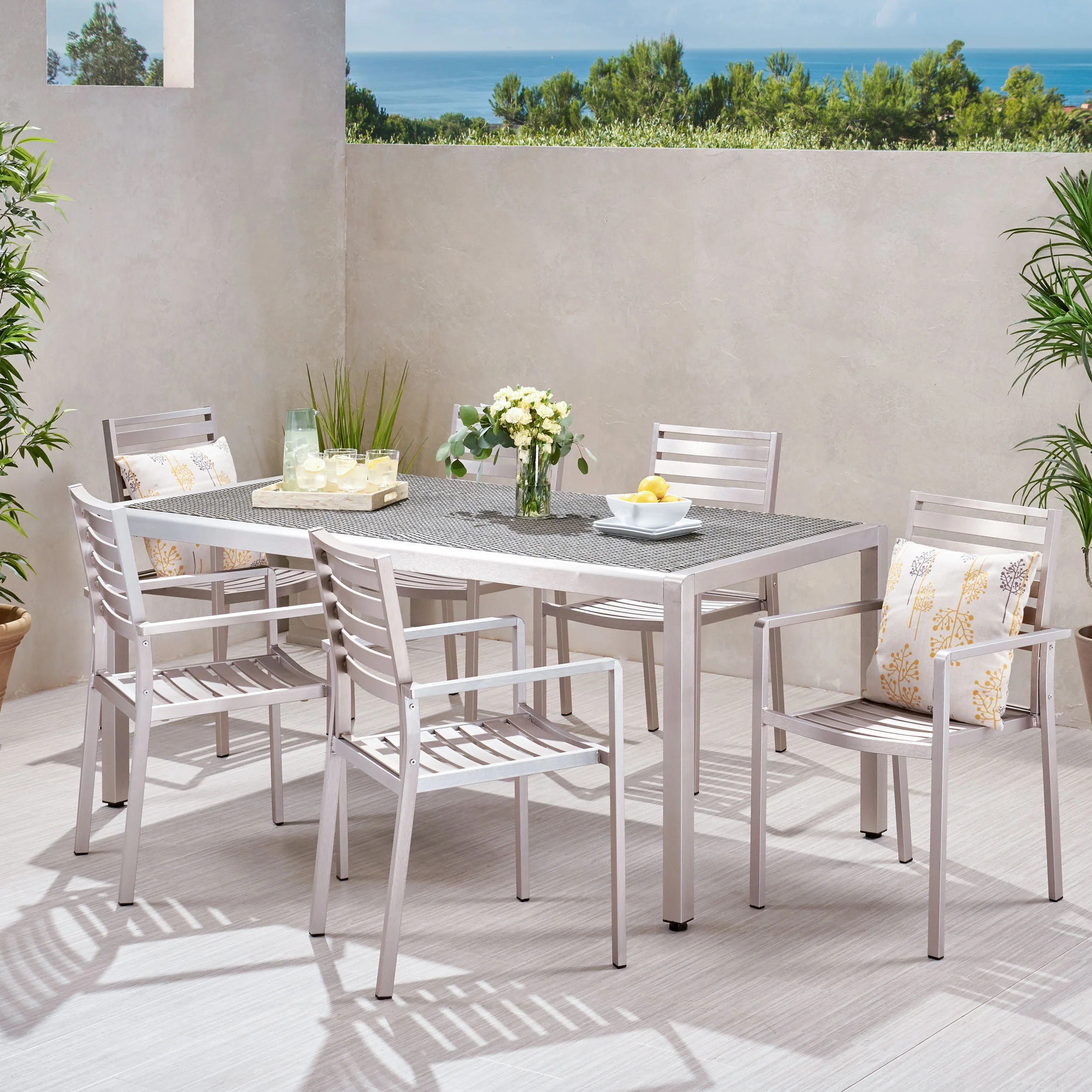 Cherie Outdoor Modern 6 Seater Aluminum Dining Set with Wicker Table Top - furnishings