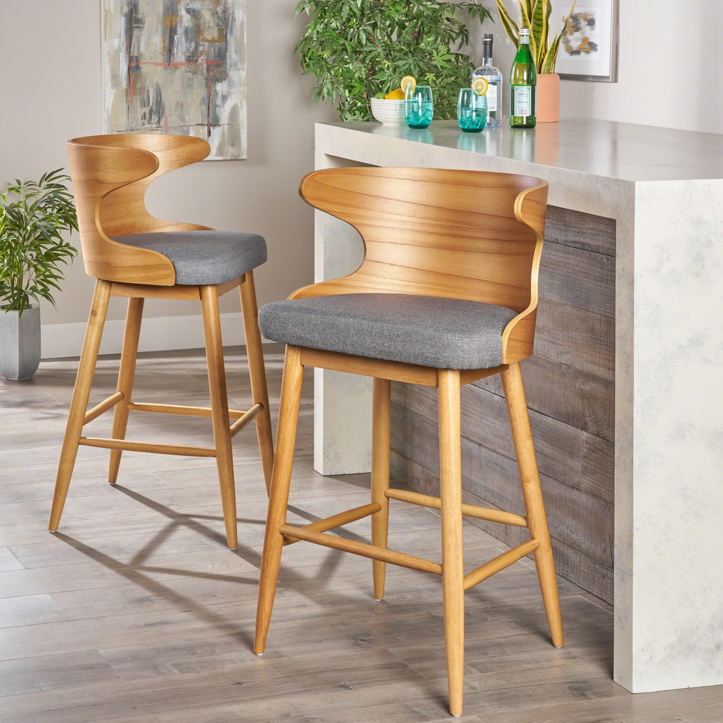 Truda Mid Century Modern Fabric Barstools (Set of 2) - furnishings