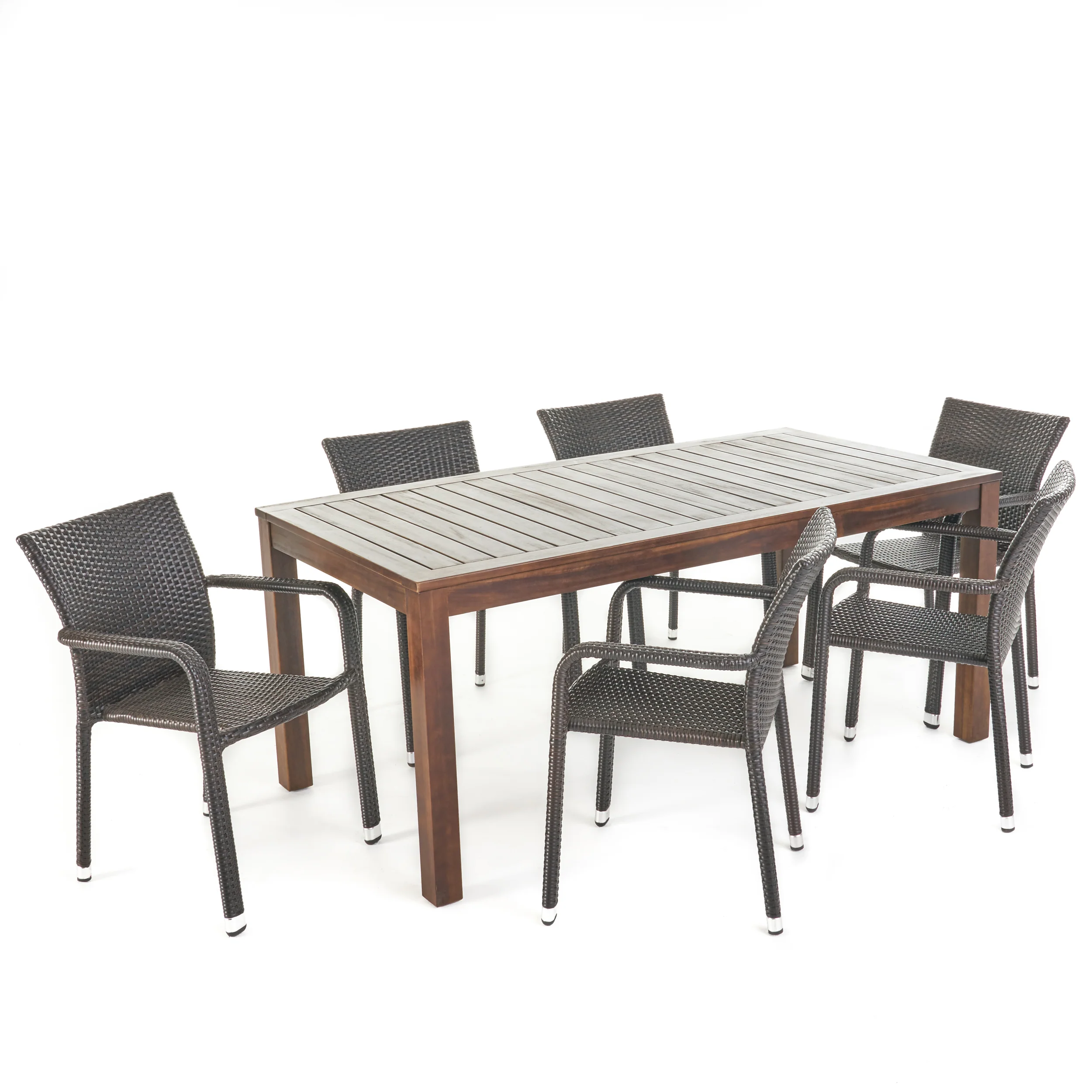Netton Outdoor 7 Piece Dining Set with Dark Brown Finished Wood Table and Chairs - furnishings