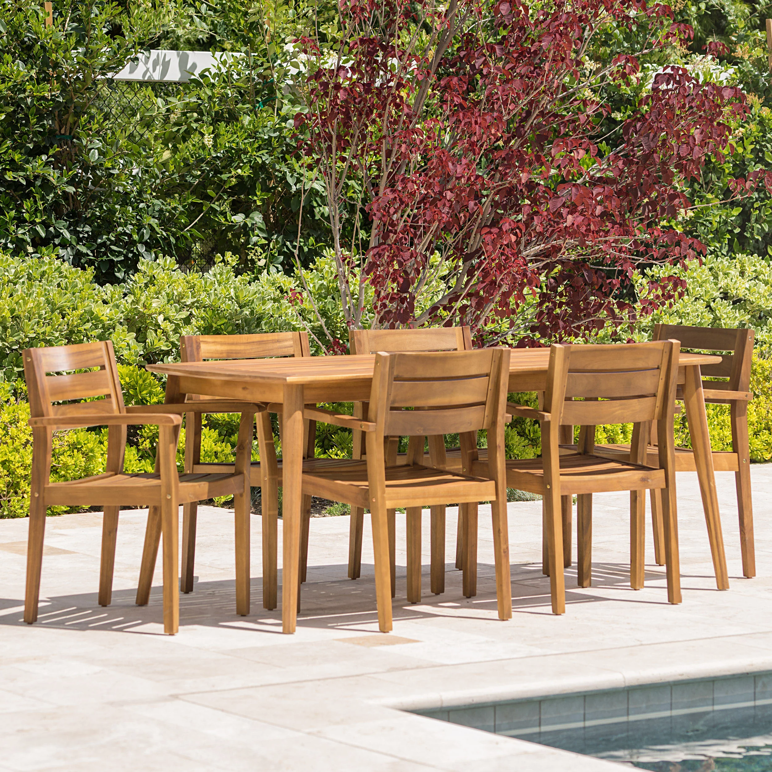 Stanford Outdoor Teak Finish Acacia Wood 7 Piece Dining Set - furnishings