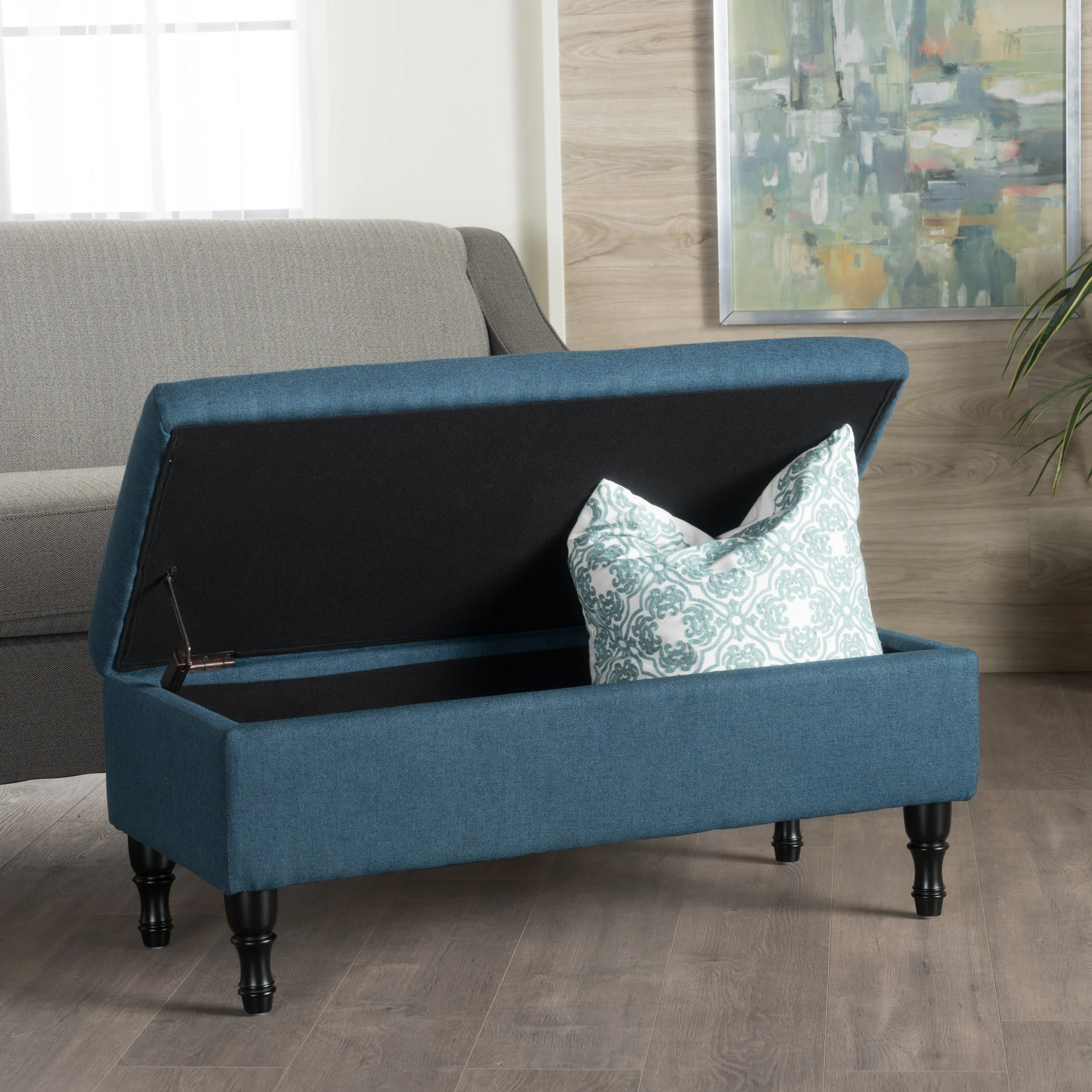 Constance Button Tufted Fabric Rectangle Storage Ottoman Bench w/ Turned Legs - furnishings