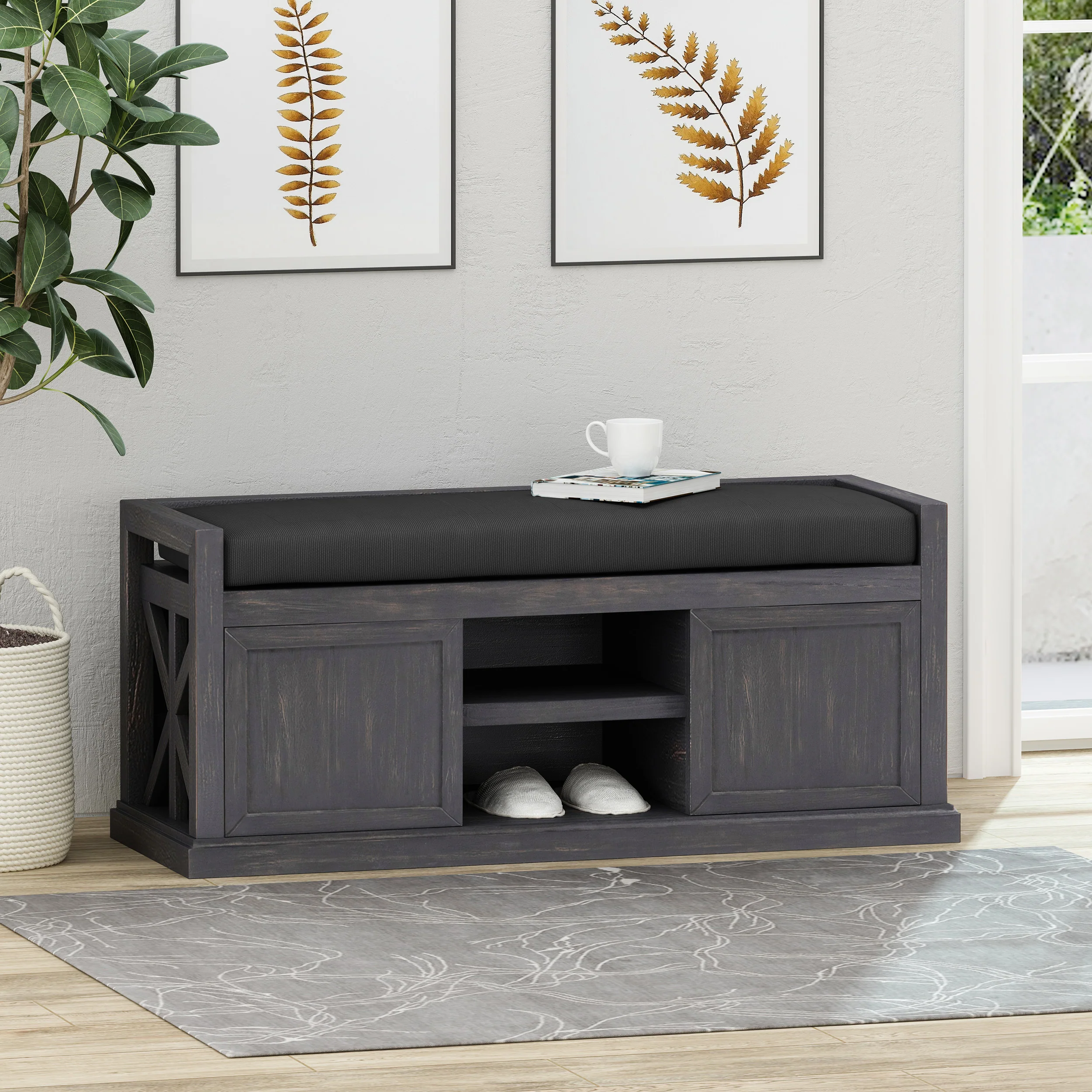 Evvy Modern Acacia Wood Storage Bench with Cushion - furnishings