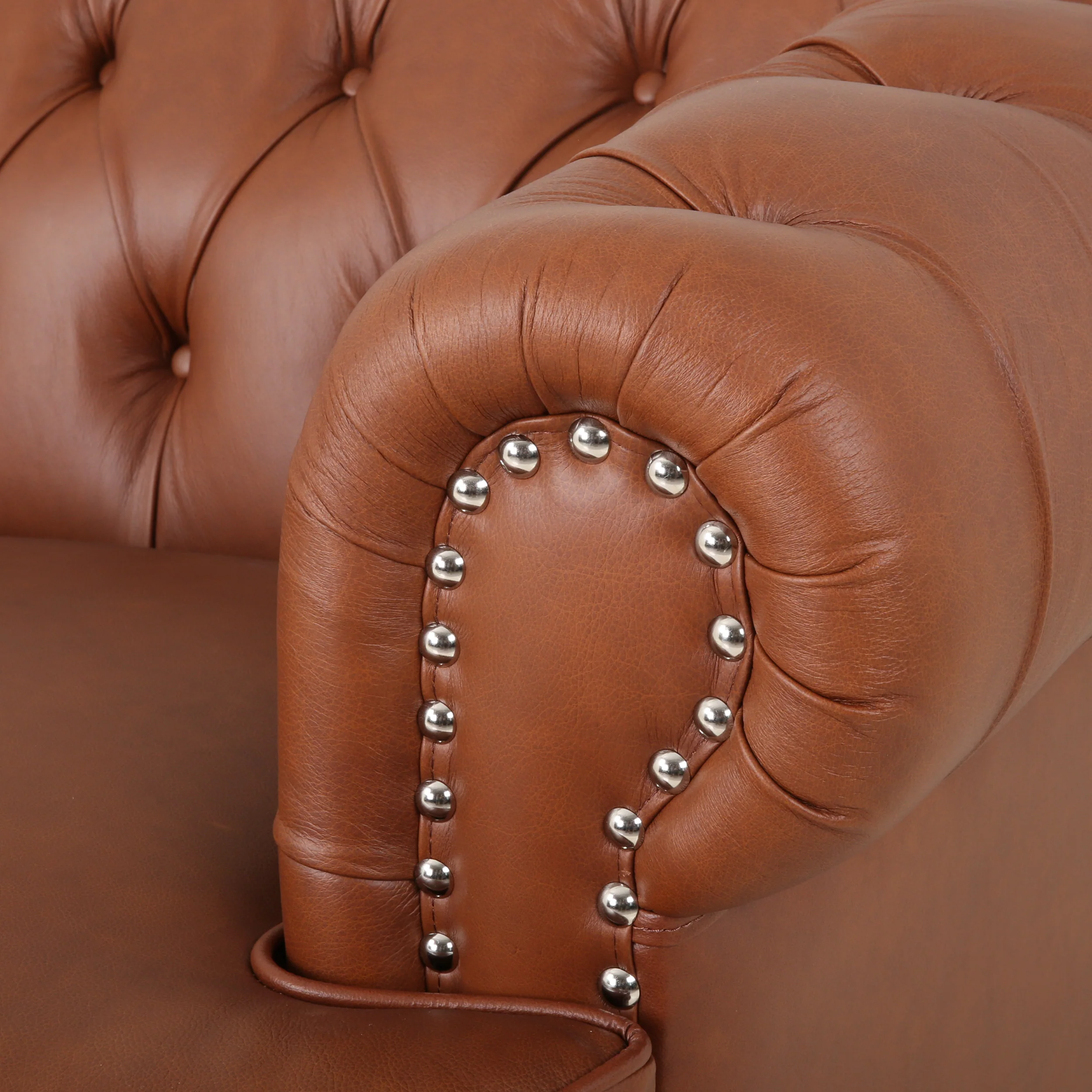 Saley Contemporary Leather Tufted 3 Seater Sofa with Nailhead Trim - furnishings