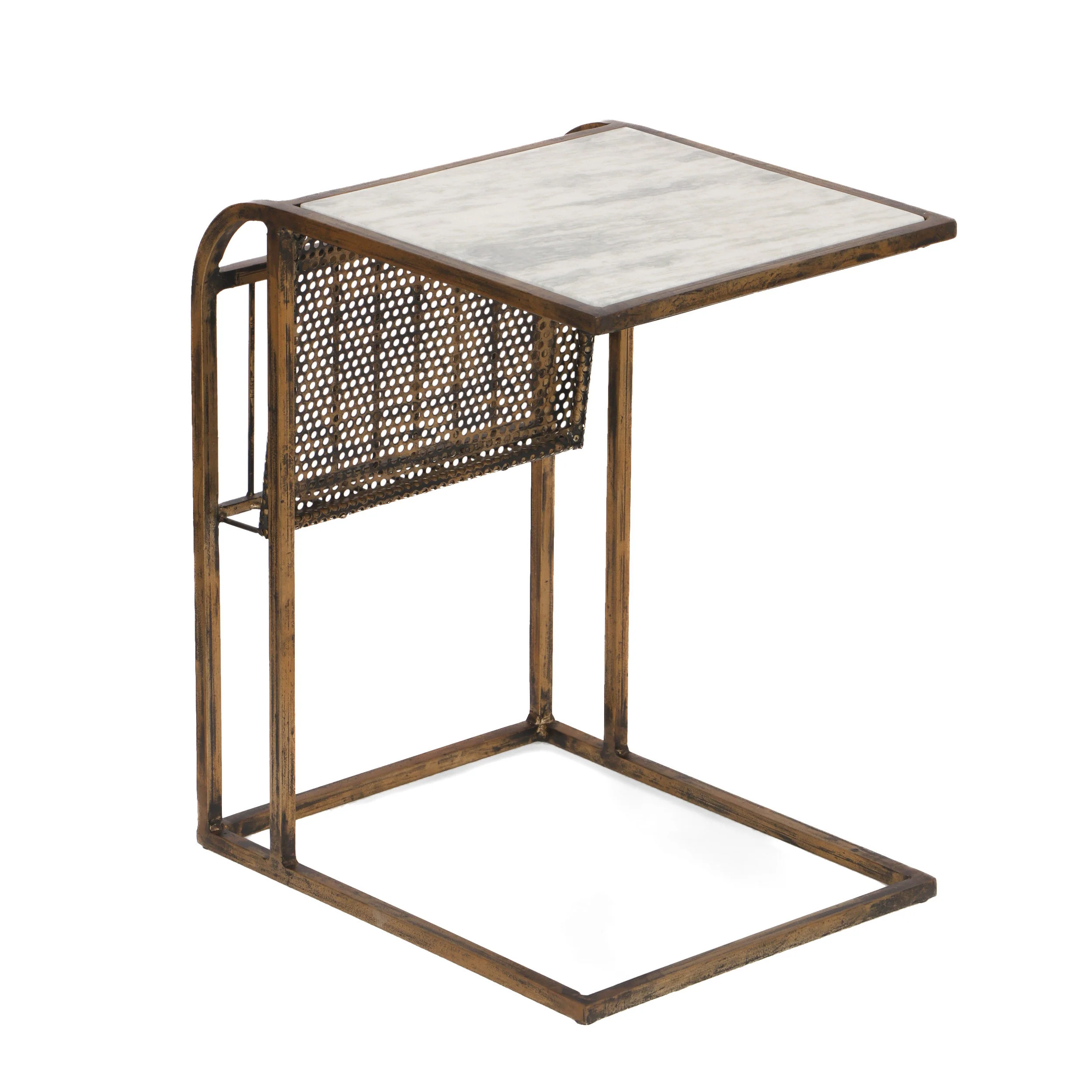 Billman Boho Glam Handcrafted Marble Top C-Shaped Side Table with Magazine Rack, Natural White and Antique Brass - furnishings