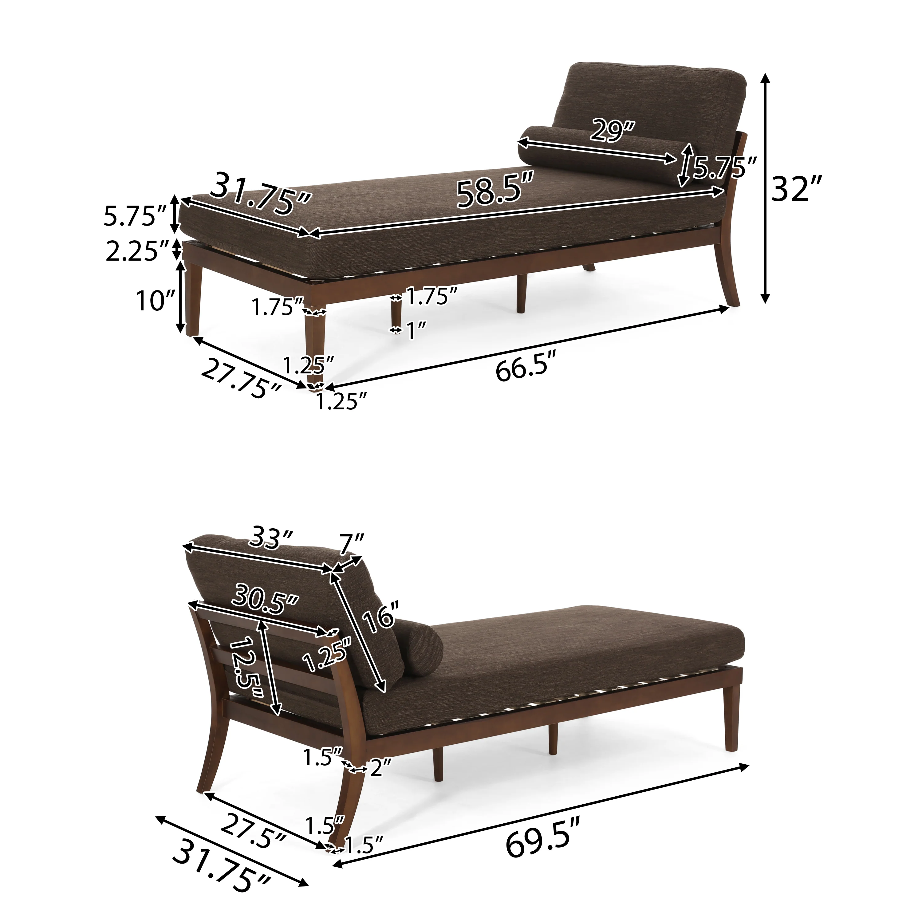 Lochmere Mid Century Modern Fabric Chaise Lounge with Bolster Pillow - furnishings