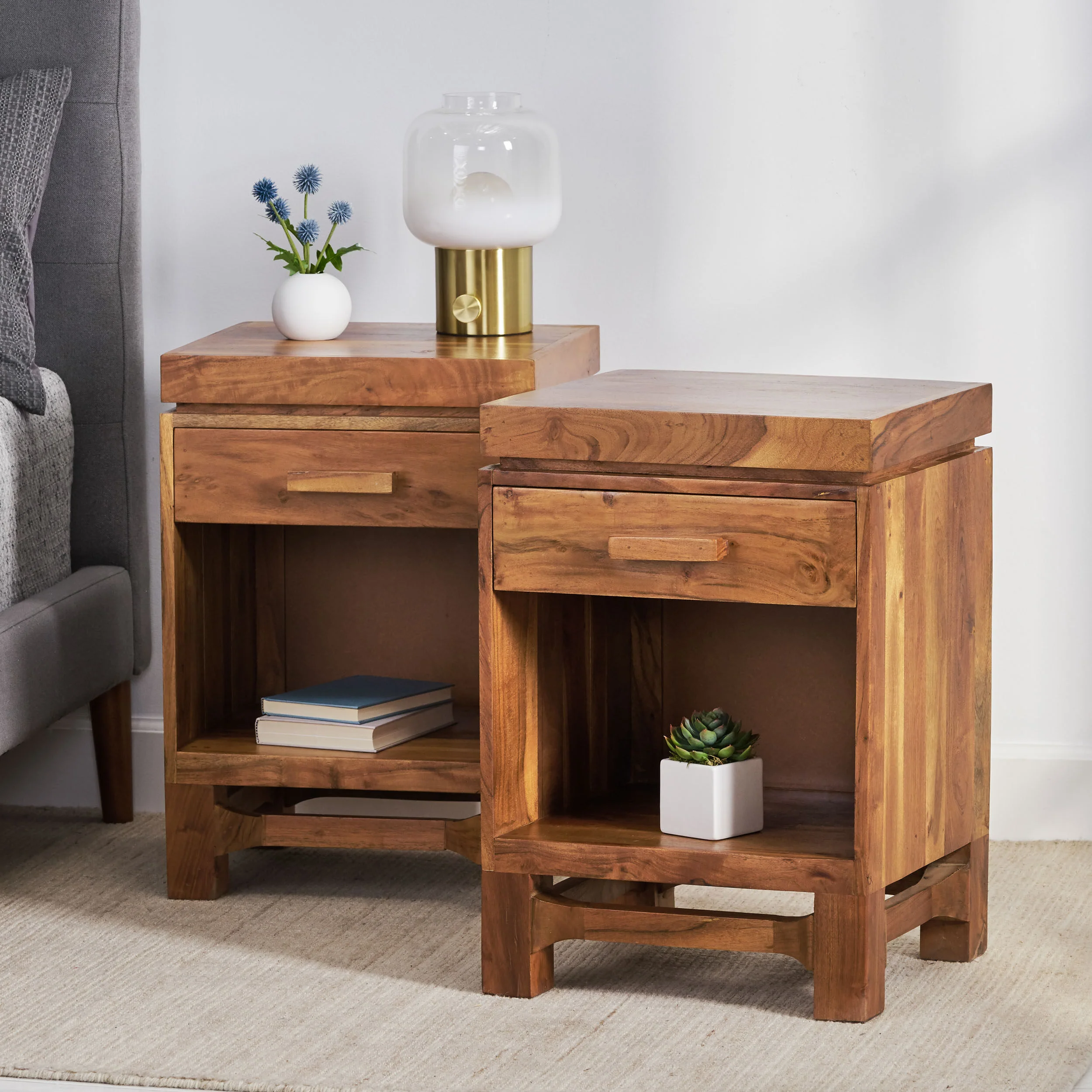 Lindale Boho Handcrafted Acacia Wood Nightstand, Set of 2 - furnishings