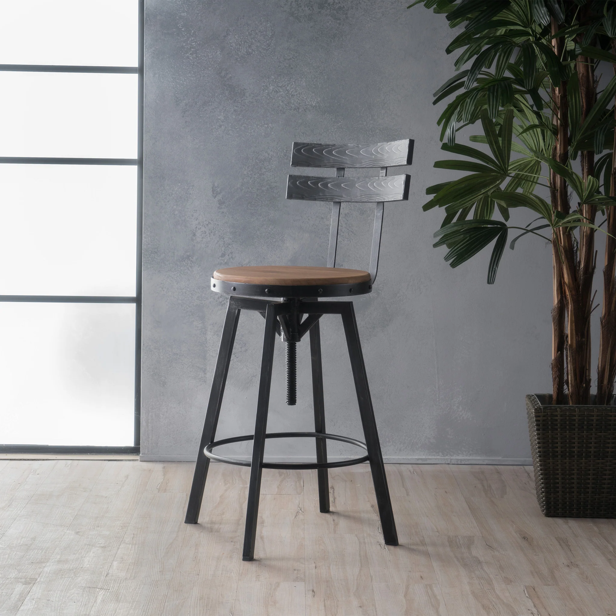 Poe Black Brush Silver Firwood Adjustable Barstool - furnishings