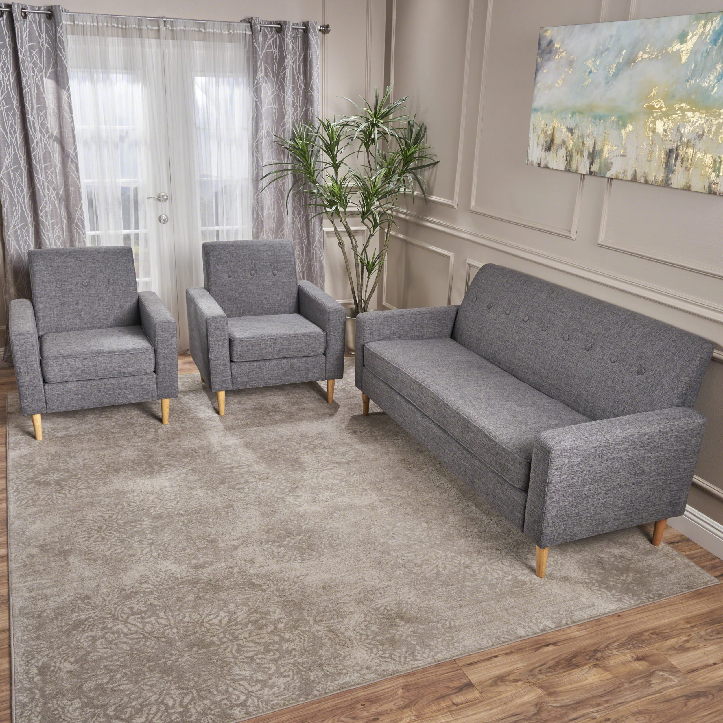 Stratford Mid-Century Modern 3-Piece Fabric Chairs & Sofa Living Room Set - furnishings