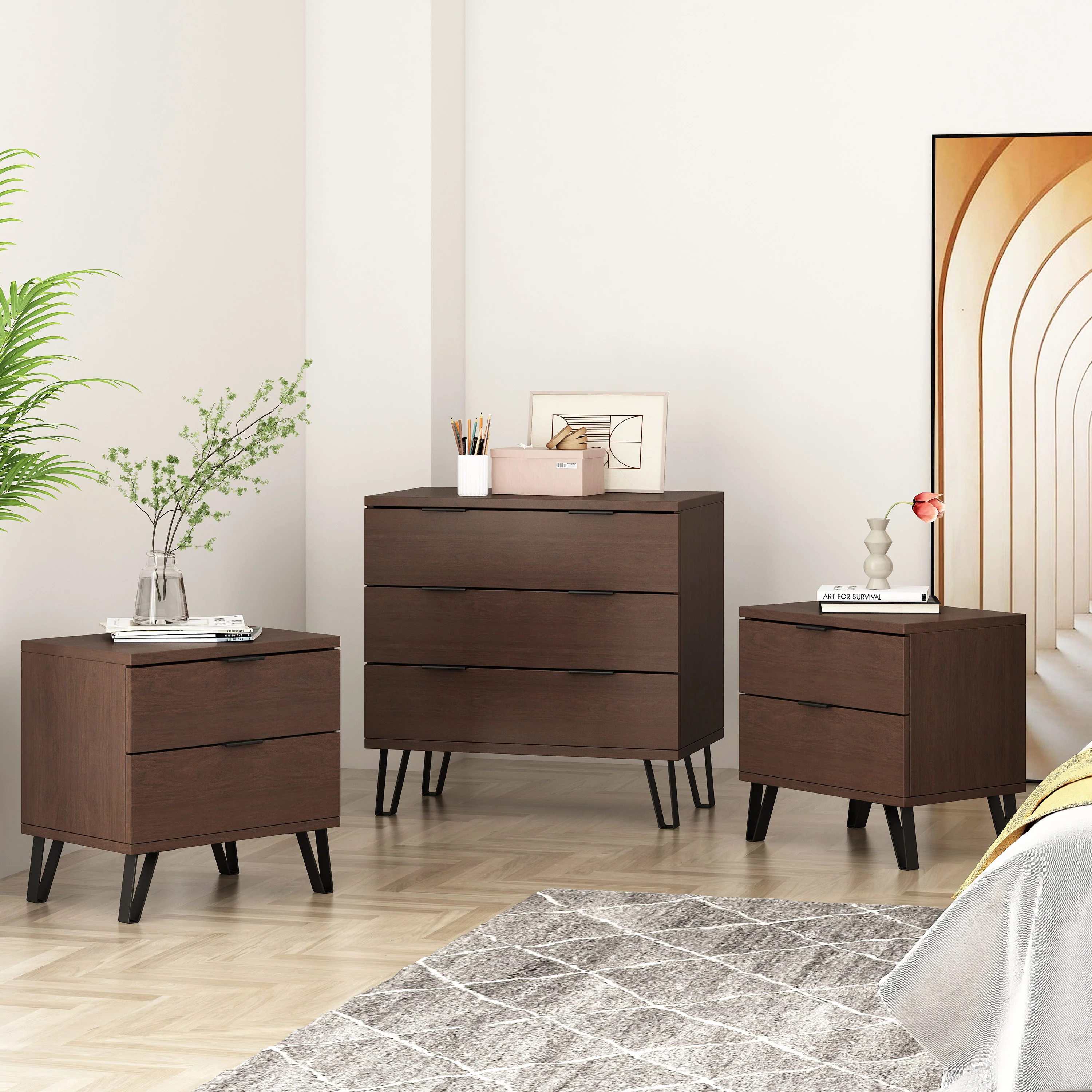Demijen Modern Industrial 3 Piece 3 Drawer Dresser and Nightstand Bedroom Set, Walnut and Matte Black - furnishings