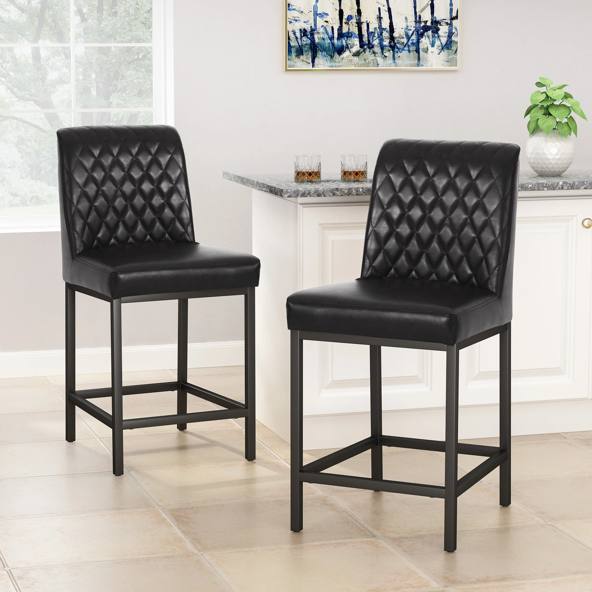 Lansing Contemporary Diamond Stitch Counter Stools, Set of 2 - furnishings