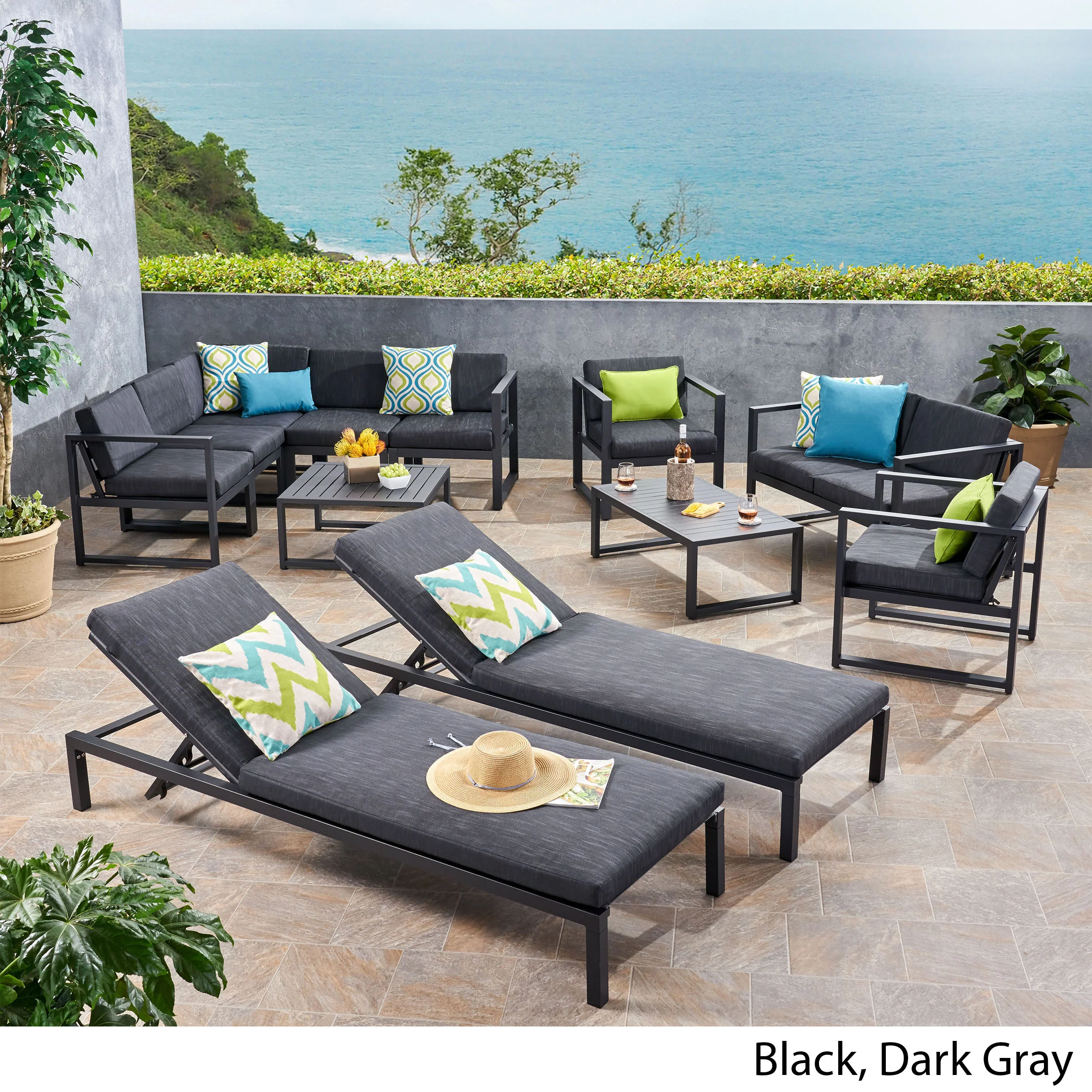 Nealie Outdoor 9 Seater Aluminum Sectional Sofa Set with Mesh Chaise Lounges - furnishings