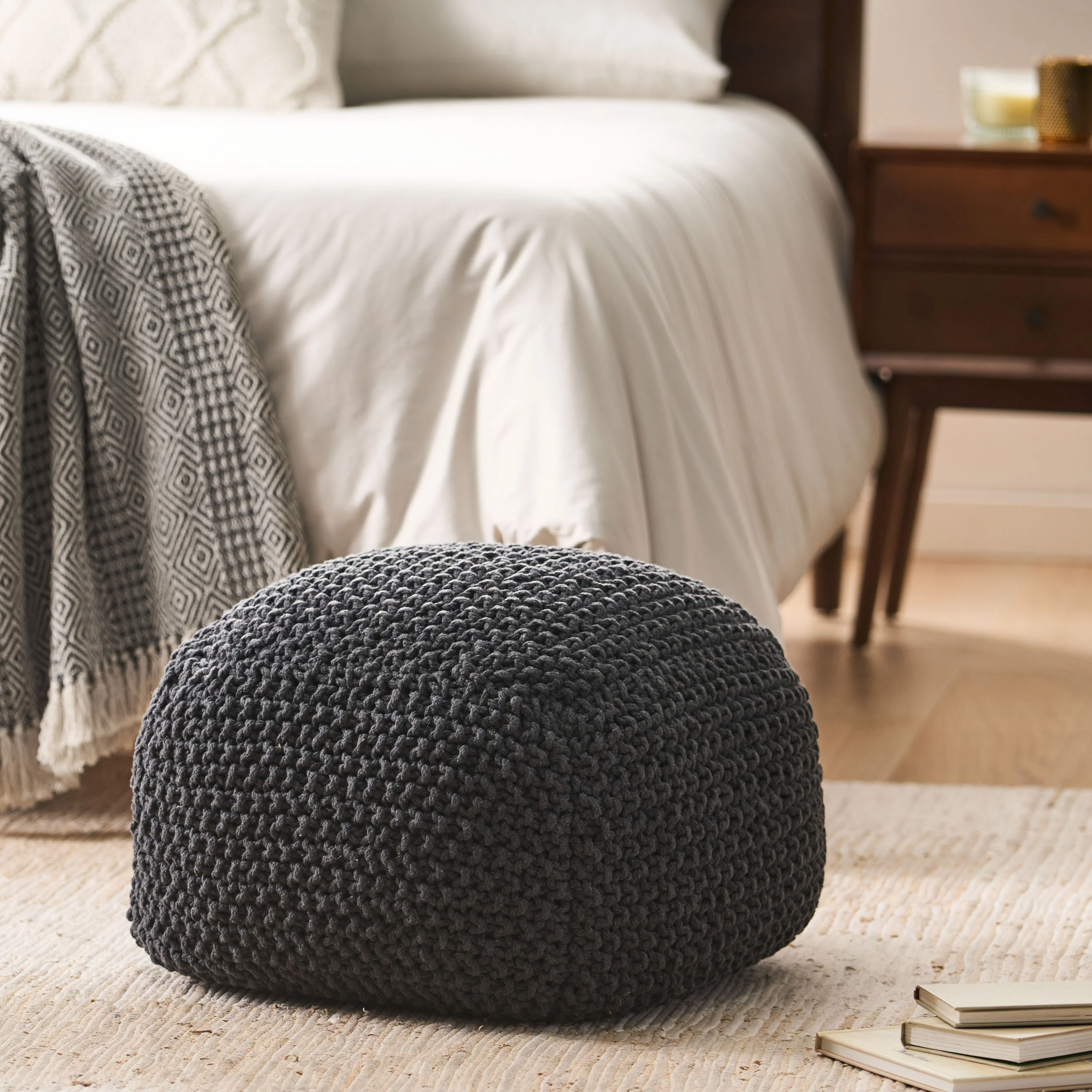 Teresa Modern Knitted Cotton Cube Pouf - furnishings