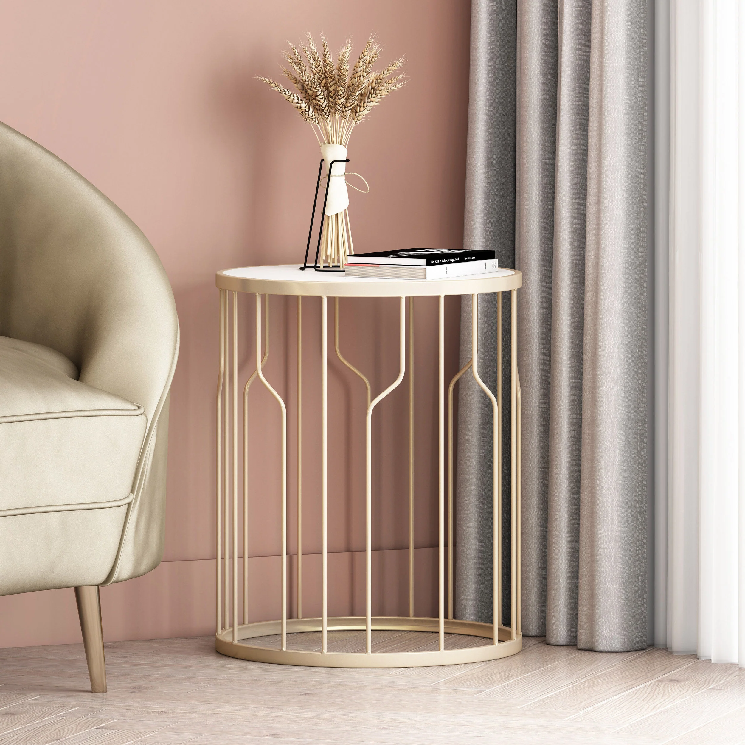 Finethy Modern Glam Faux Marble Side Table, White and Champagne Silver - furnishings