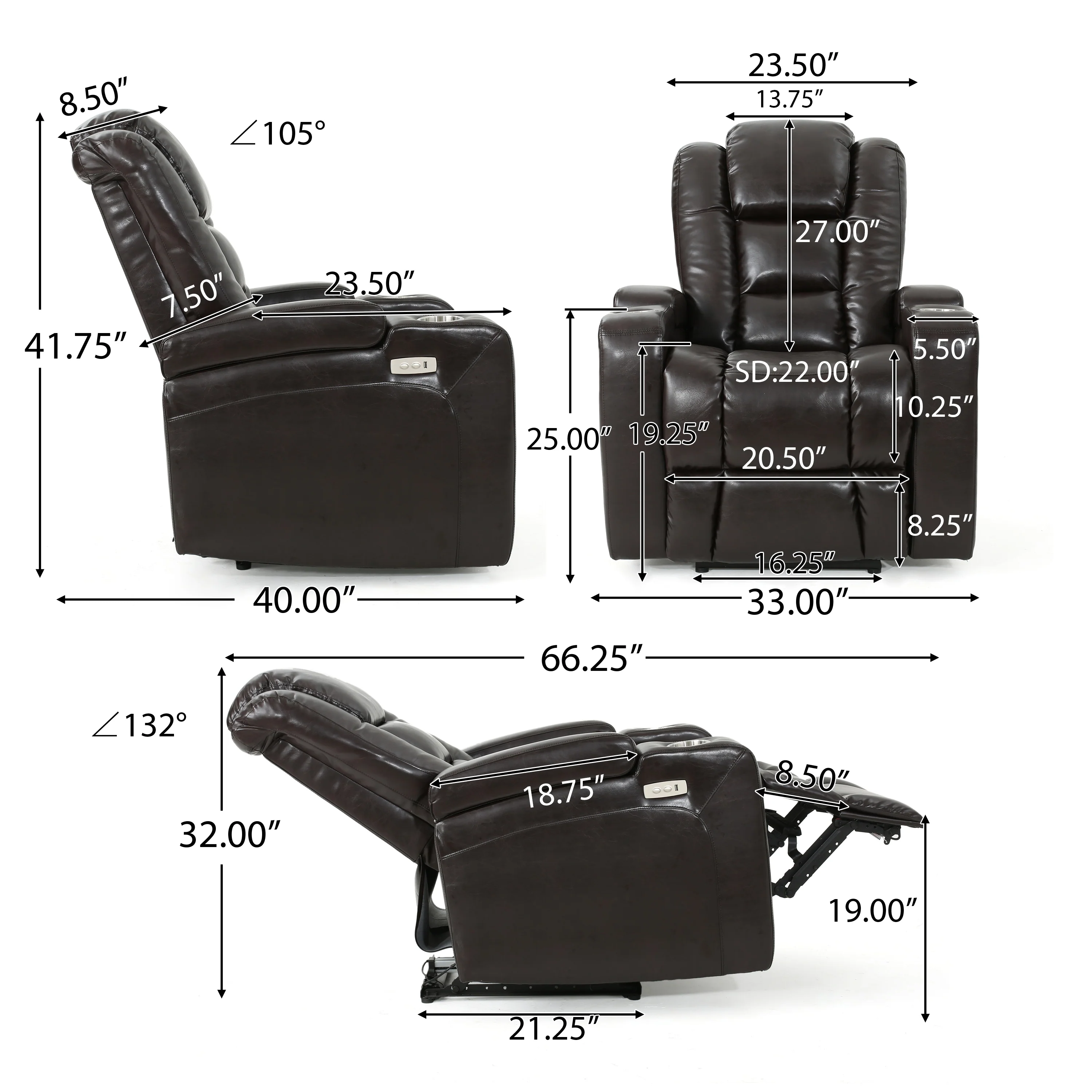 Everette Brown Leather Power Recliner With Storage, Cup Holder, and USB Charger - furnishings