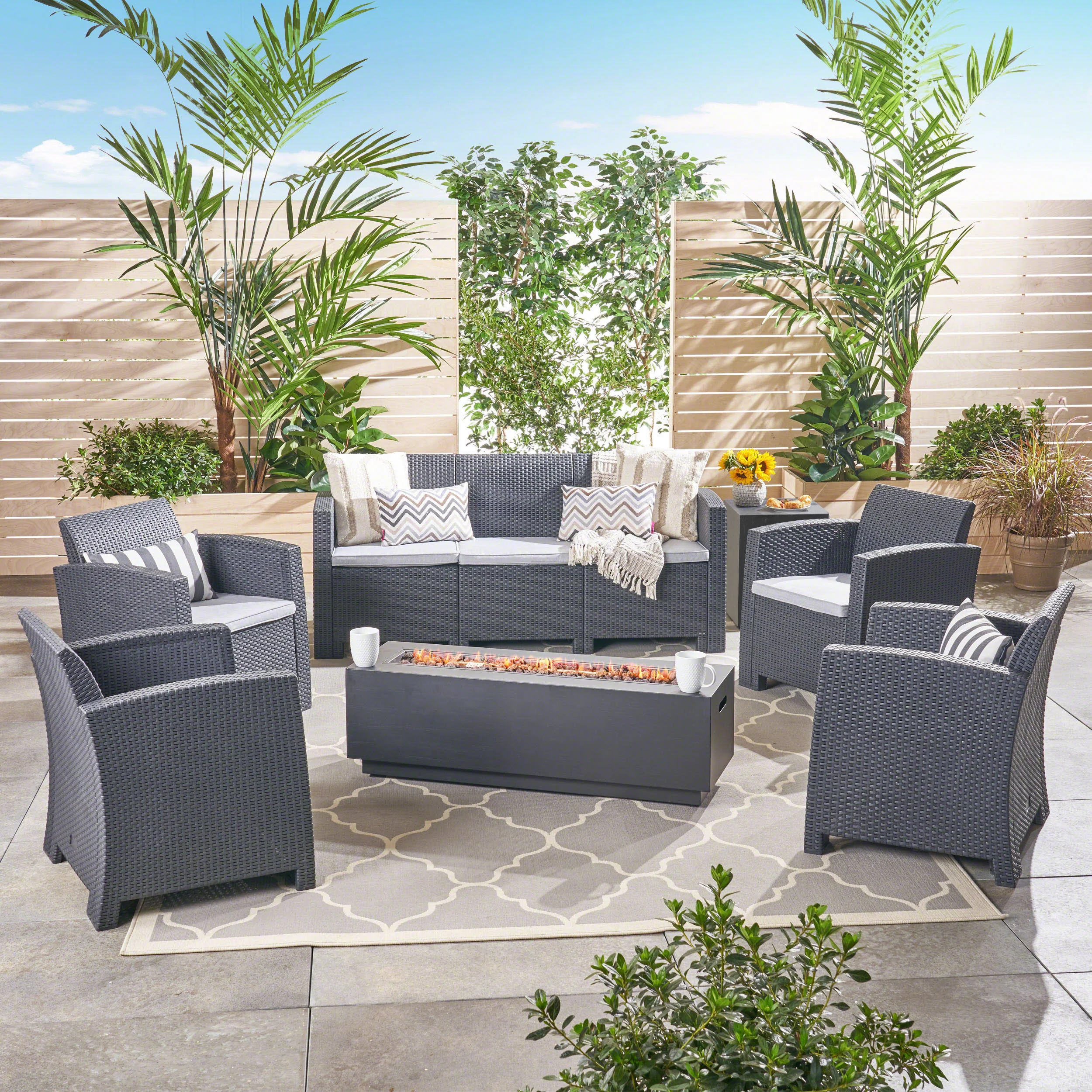 Dane Outdoor 7-Seater Wicker Print Chat Set with Fire Pit and Tank Holder, Charcoal with Light Gray and Dark Gray - furnishings
