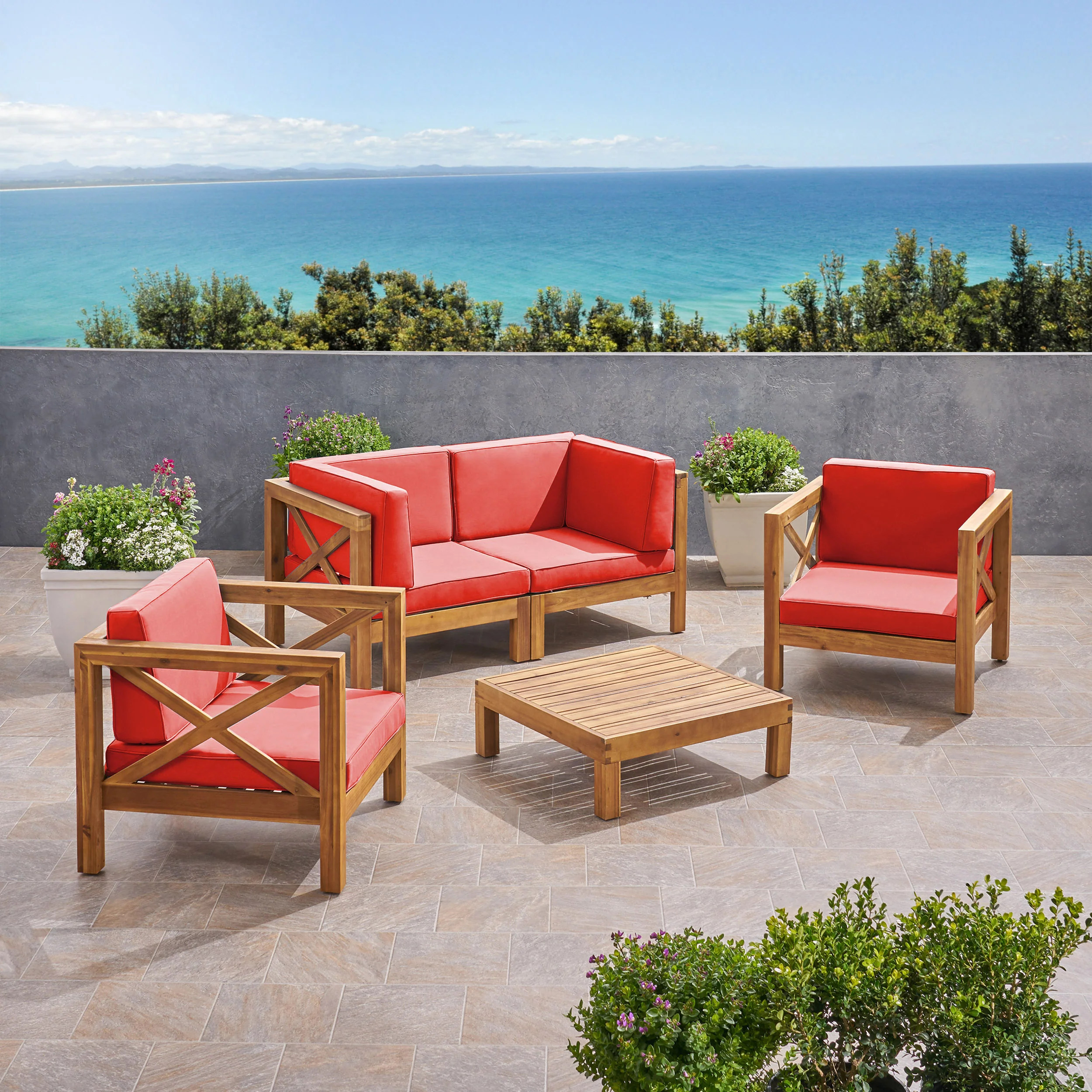 Morgan Outdoor 4 Seater Acacia Wood Loveseat Chat Set - furnishings
