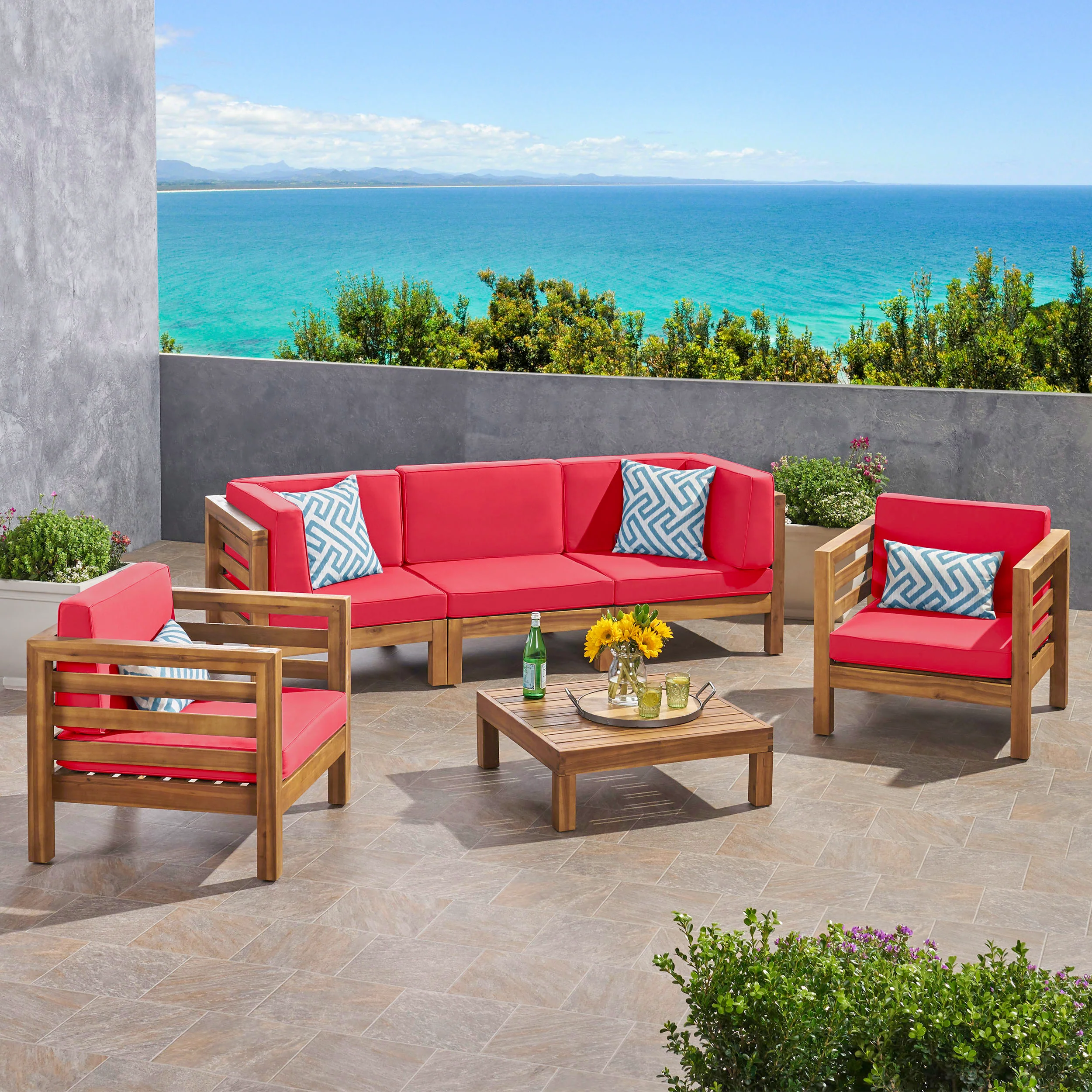 Emma Outdoor 5 Seater Acacia Wood Sofa Chat Set - furnishings