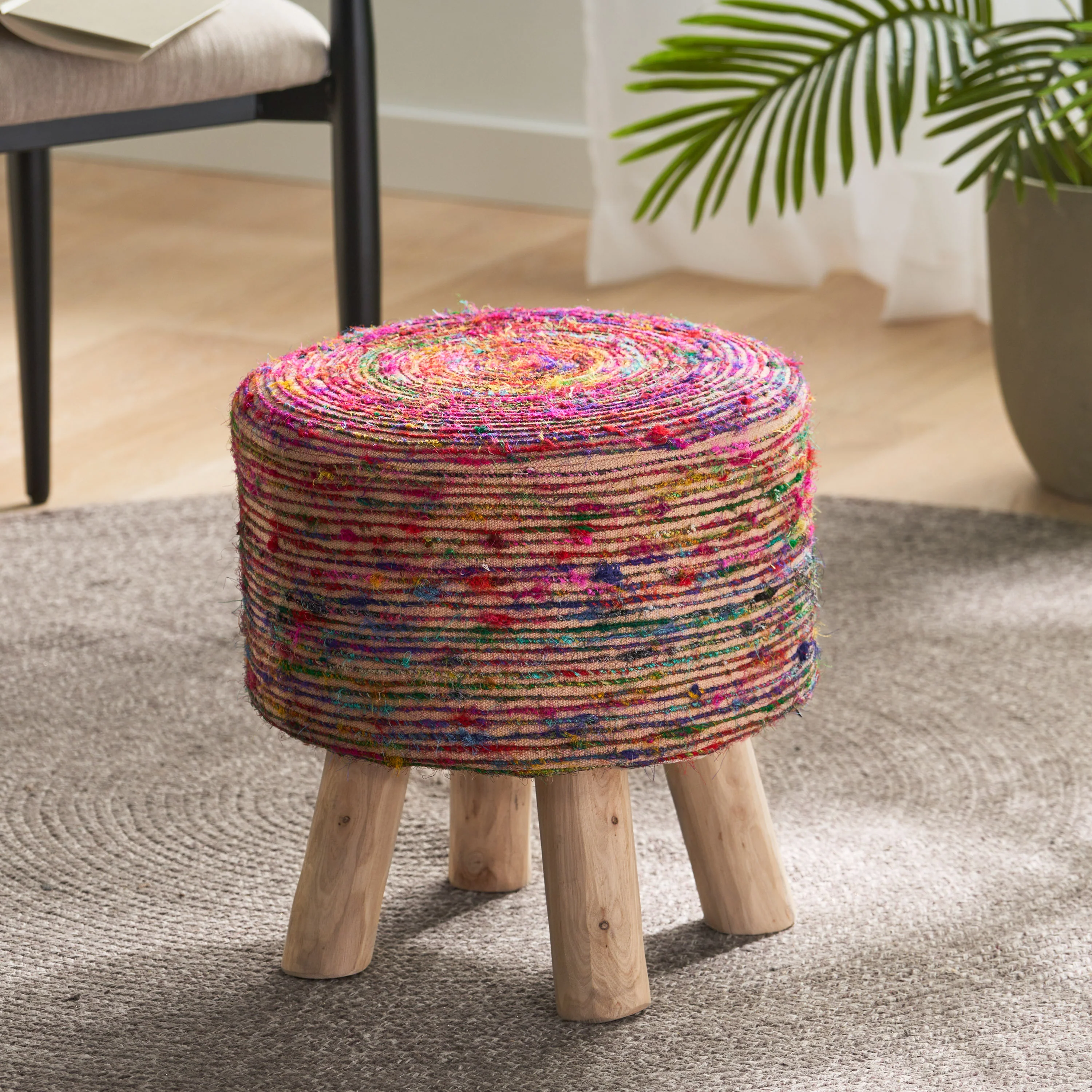 Maya Handcrafted Boho Silk Swirl Ottoman Stool - furnishings