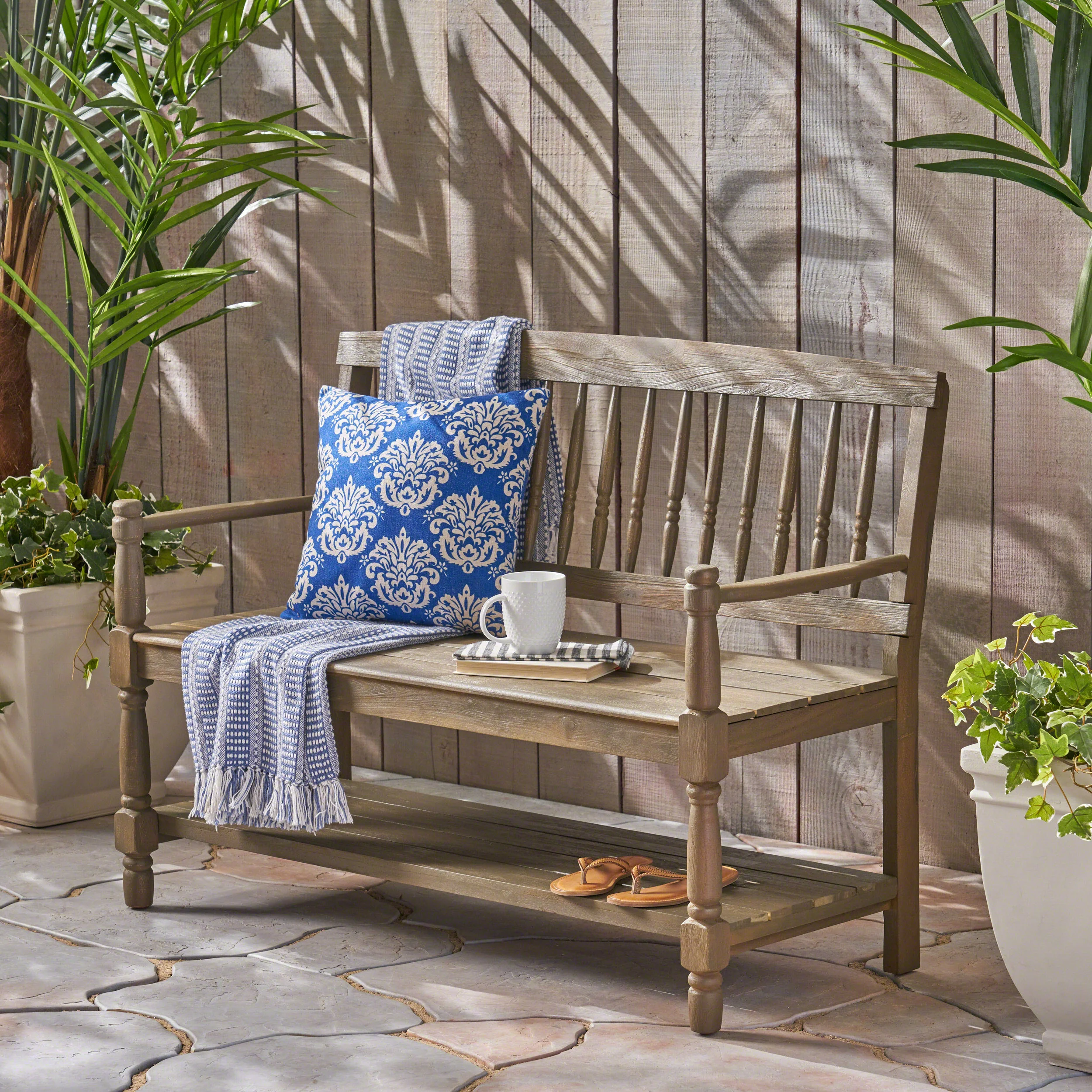 Kuhn Outdoor Acacia Wood Bench with Shelf - furnishings