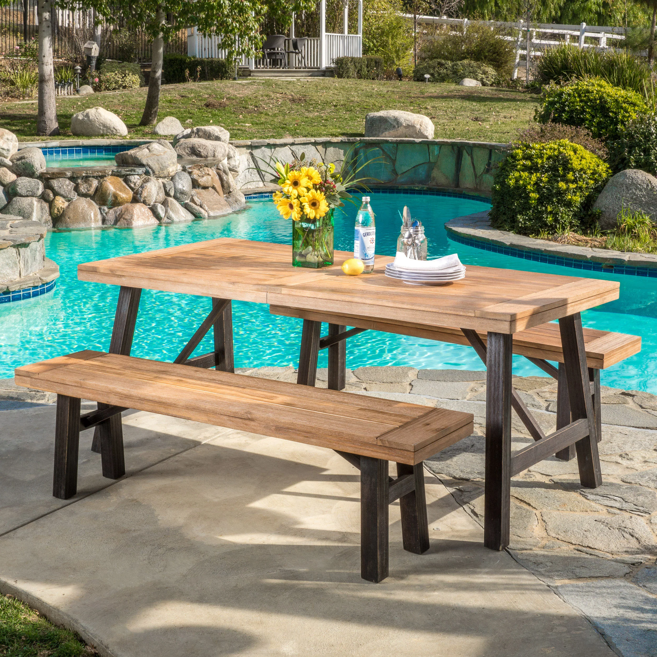 Valverde Outdoor Teak Finish and Brushed Grey Acacia Wood Picnic Dining Set - furnishings