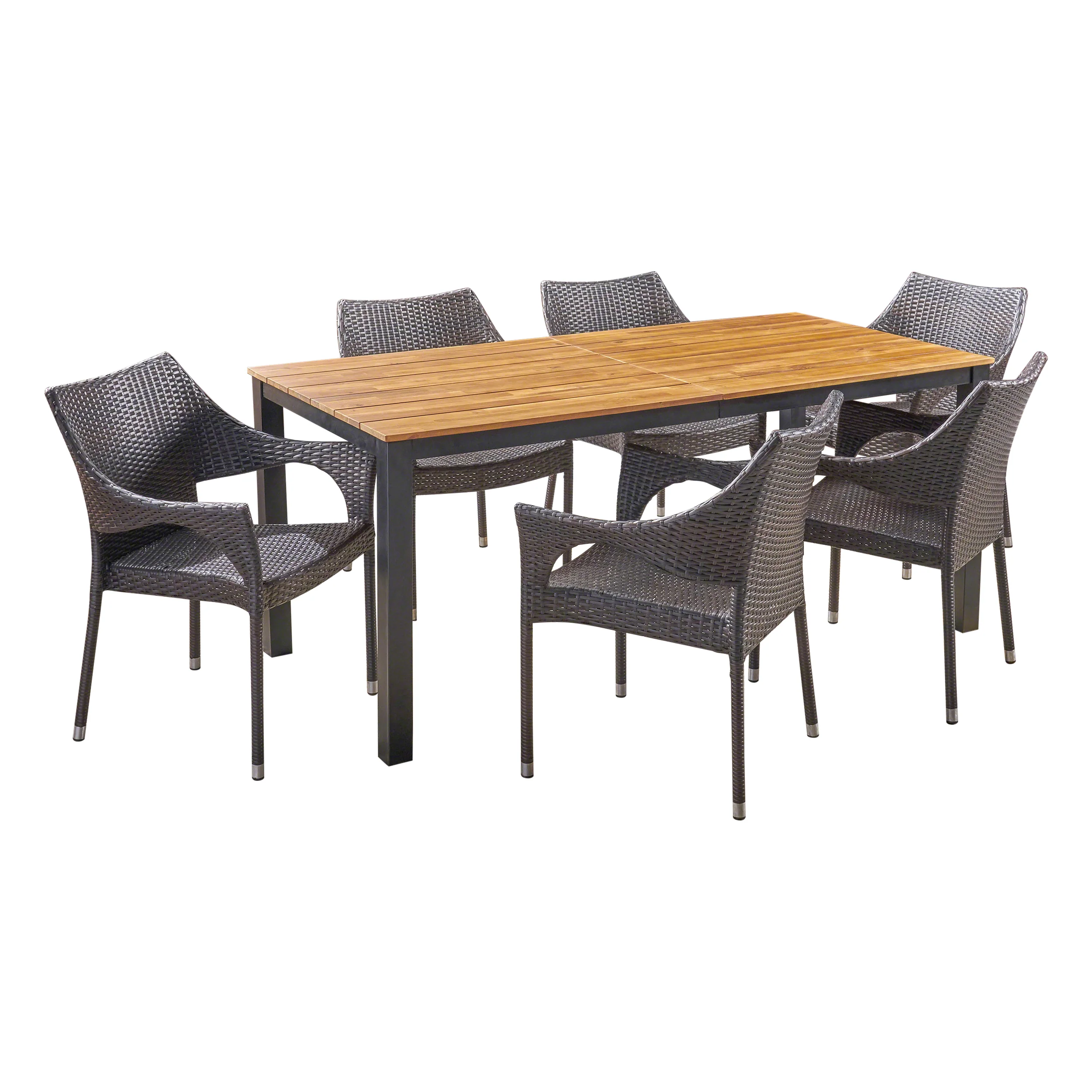 Amberlynn Outdoor 7 Piece Acacia Wood Dining Set with Stacking Wicker Chairs, Teak and Multi Brown - furnishings